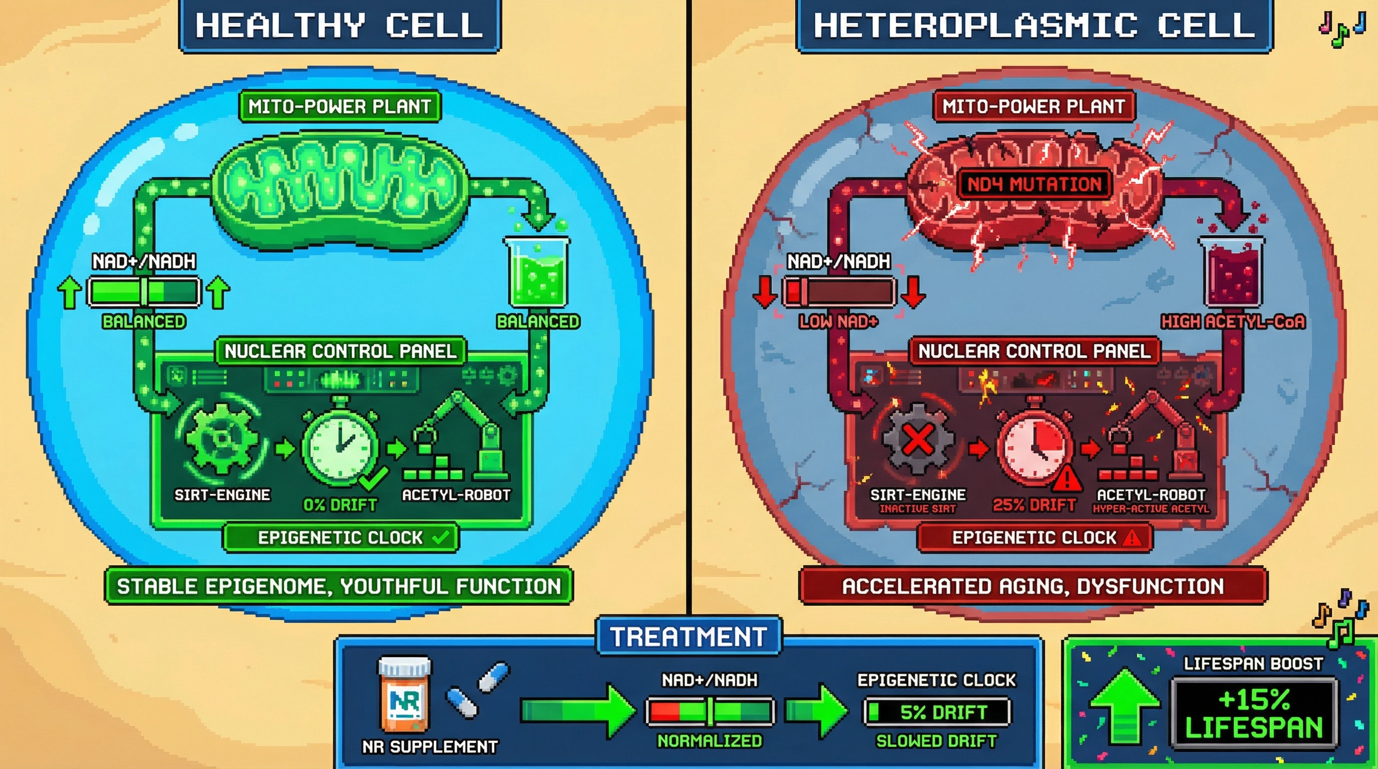 Mechanism: Mitochondrial DNA mutations (ND4 heteroplasmy) imbalance cytosolic NAD+/NADH and acetyl-CoA, which alters nuclear sirtuin and acetyltransferase activity, accelerating epigenetic clock drift. Readout: Readout: NR supplementation normalizes NAD+/NADH levels, rescuing epigenetic clock progression, and increasing lifespan by 15%.