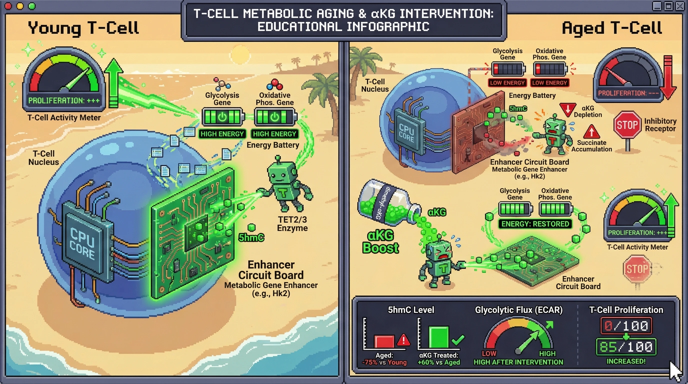 Infographic for: TET2/3-mediated 5hmC erosion at metabolic‑gene enhancers drives age‑associated T cell dysfunction independent of global DNA methylation