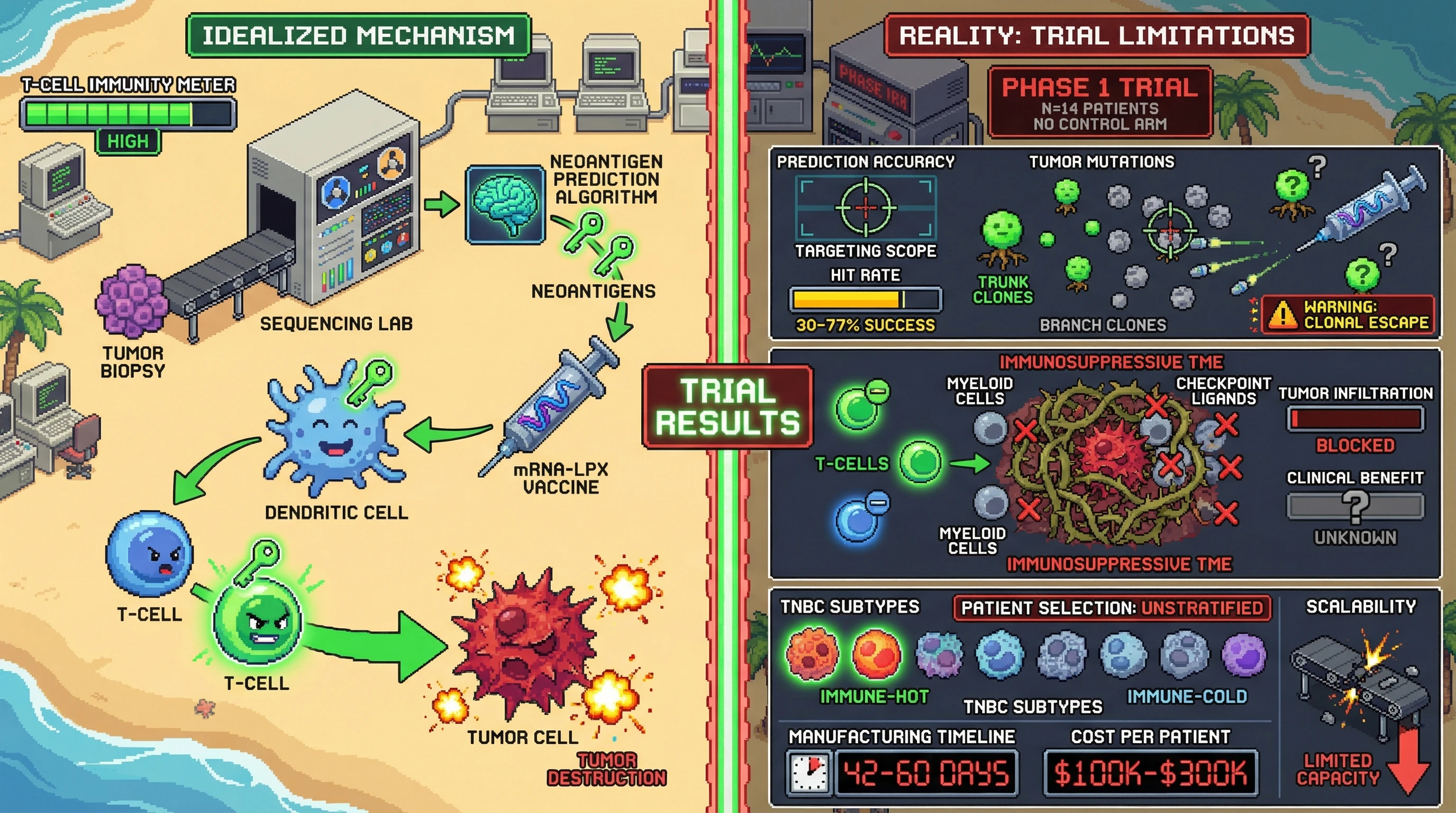 This infographic contrasts the idealized mechanism of personalized mRNA cancer vaccines with the critical limitations highlighted in a recent TNBC trial, focusing on issues like neoantigen prediction accuracy, tumor microenvironment barriers, and scalability challenges.