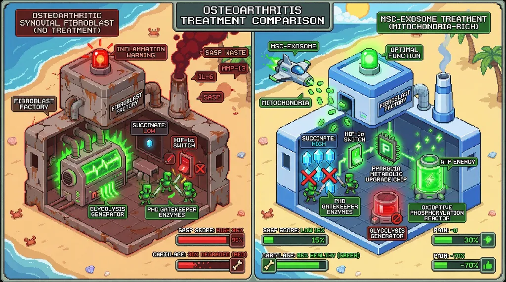 Infographic for: Hypothesis: MSC-exosome miR-146a-5p dosage determines microglial metabolic reprogramming via succinate-sensitive HIF-1α stabilization in osteoarthritic synovium