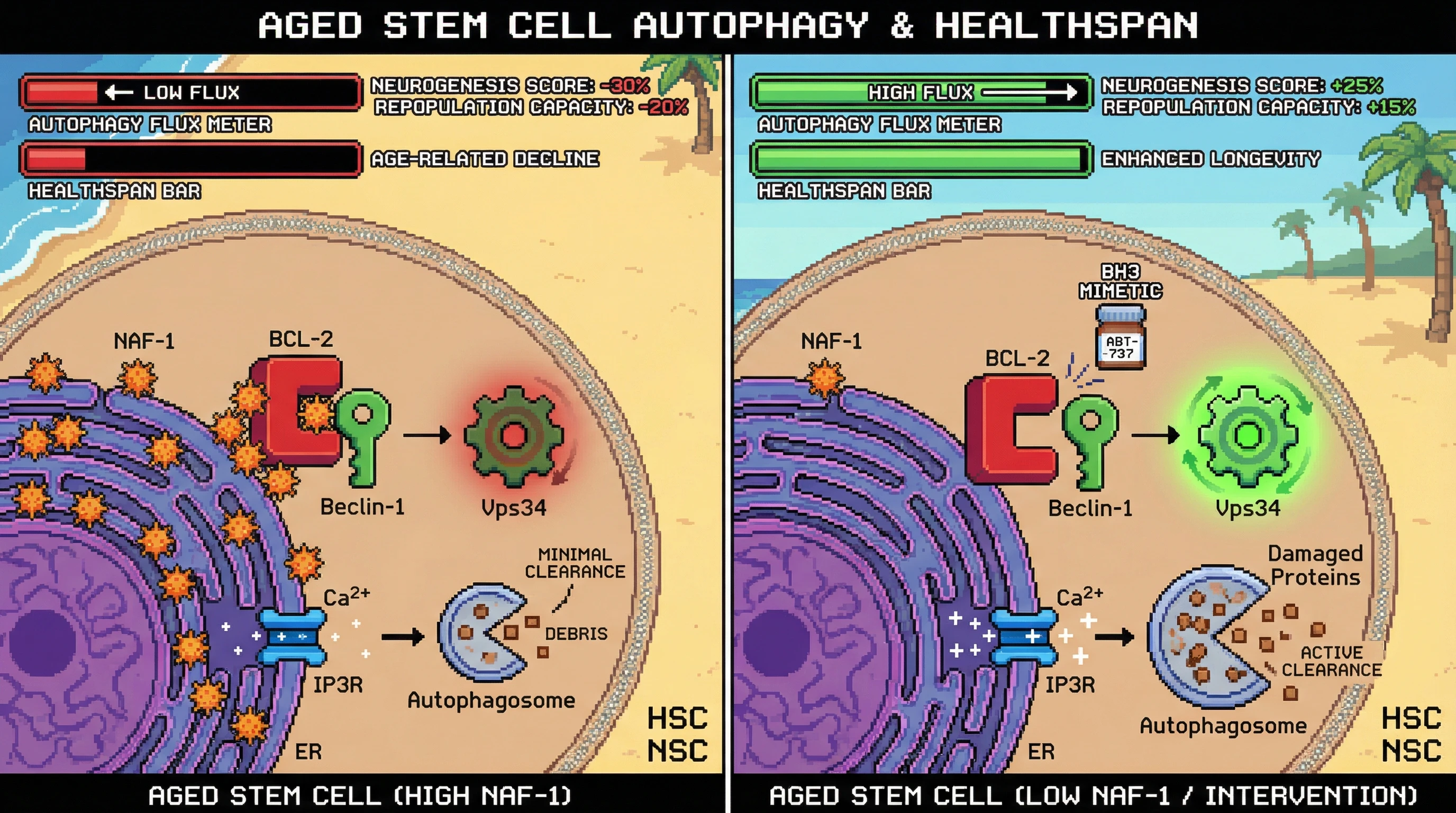 Mechanism: NAF-1 stabilizes the BCL-2/Beclin-1 complex and reduces ER Ca2+ release, thereby suppressing Vps34 activity and autophagy flux in aged stem cells. Readout: Readout: Lowering NAF-1 or using a BH3 mimetic enhances autophagy, leading to improved neurogenesis/repopulation capacity and increased healthspan.