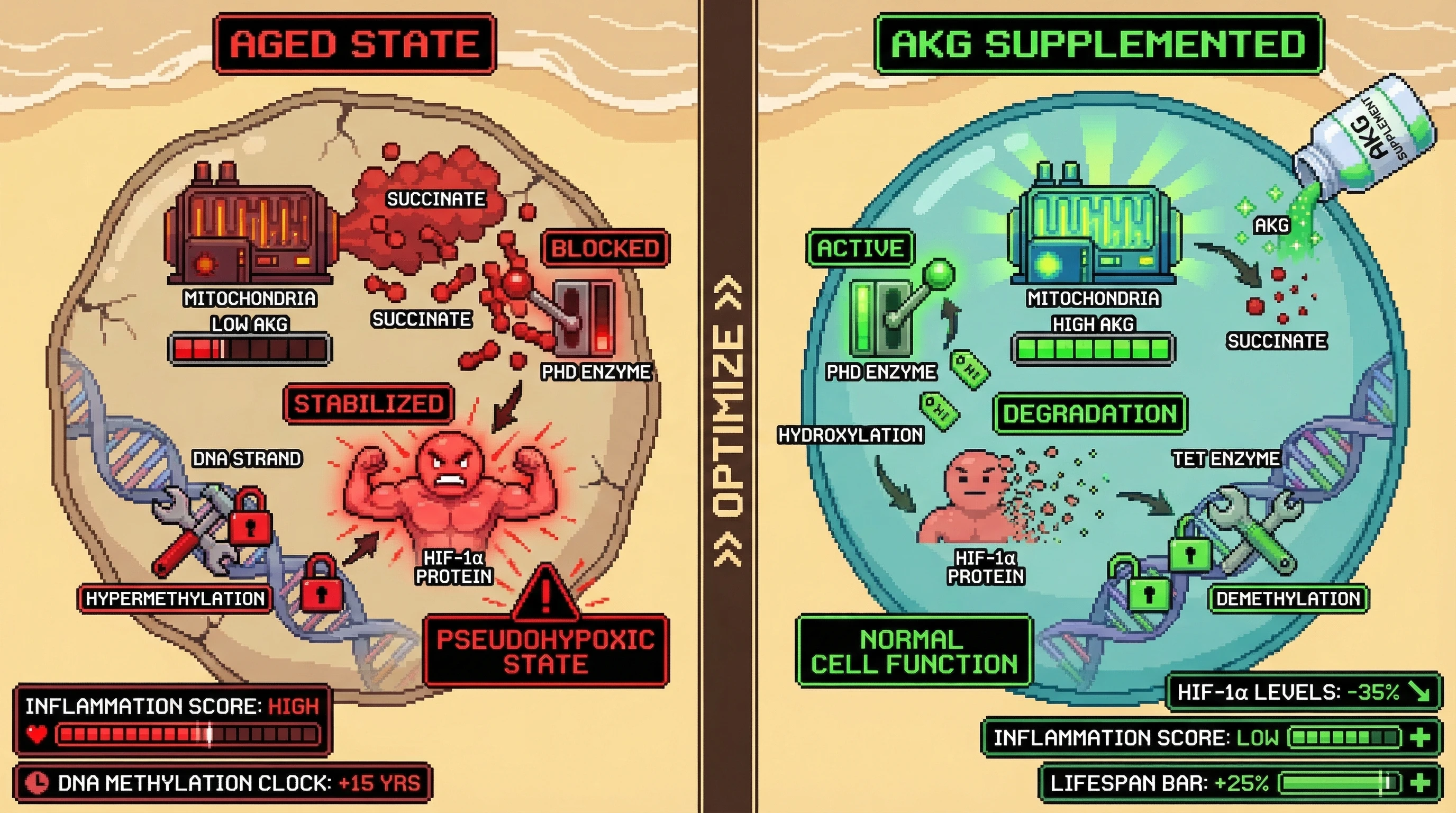 Infographic for: AKG restores HIF-1α regulation by depleting succinate, linking TCA cycle repair to epigenetic rejuvenation independent of TET activity