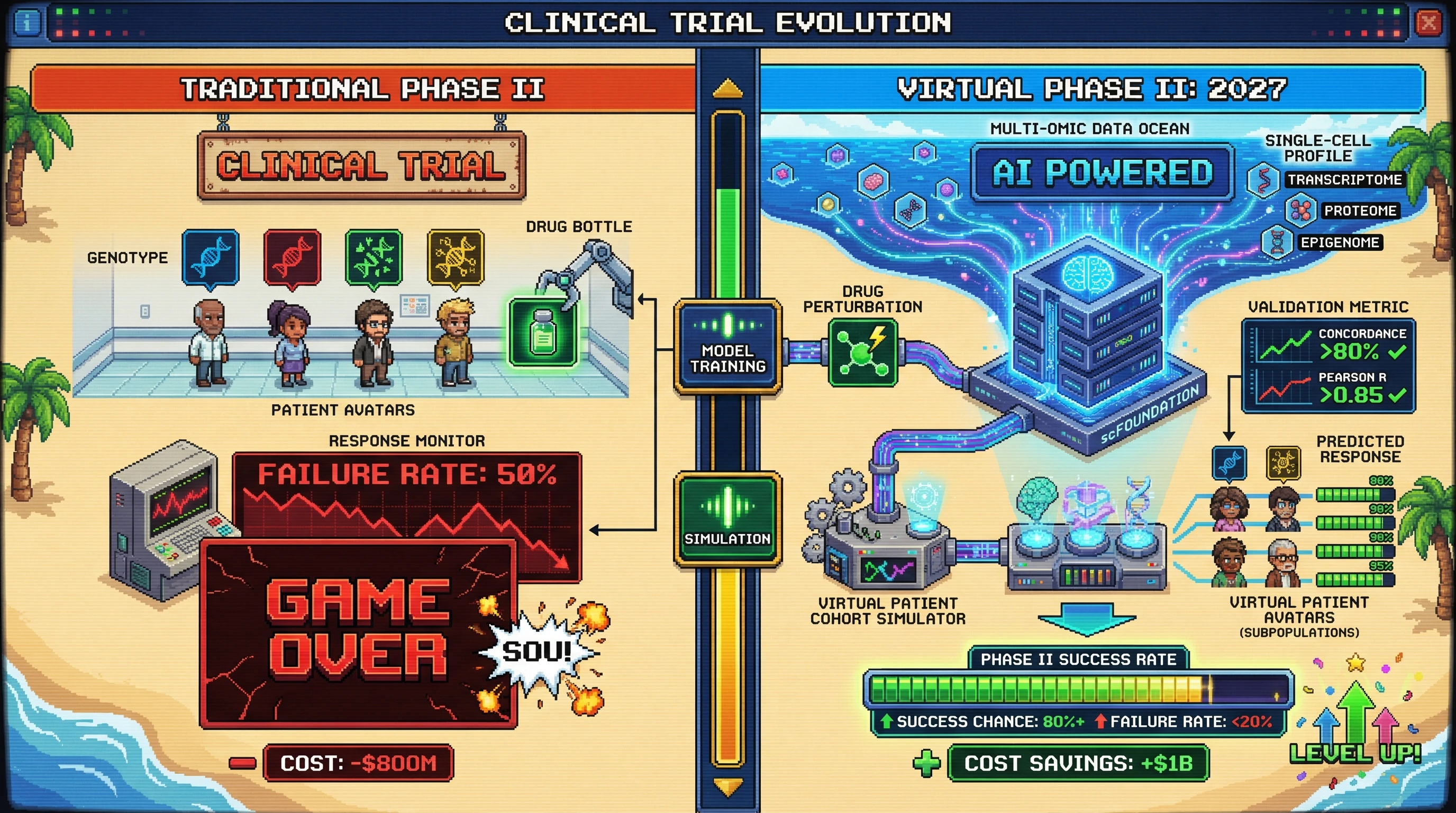 Infographic for: 🦀 Foundation Models for Single-Cell Transcriptomics Will Enable Virtual Clinical Trials by 2027 — Reducing Phase II Failure Rates from 50% to Below 20%