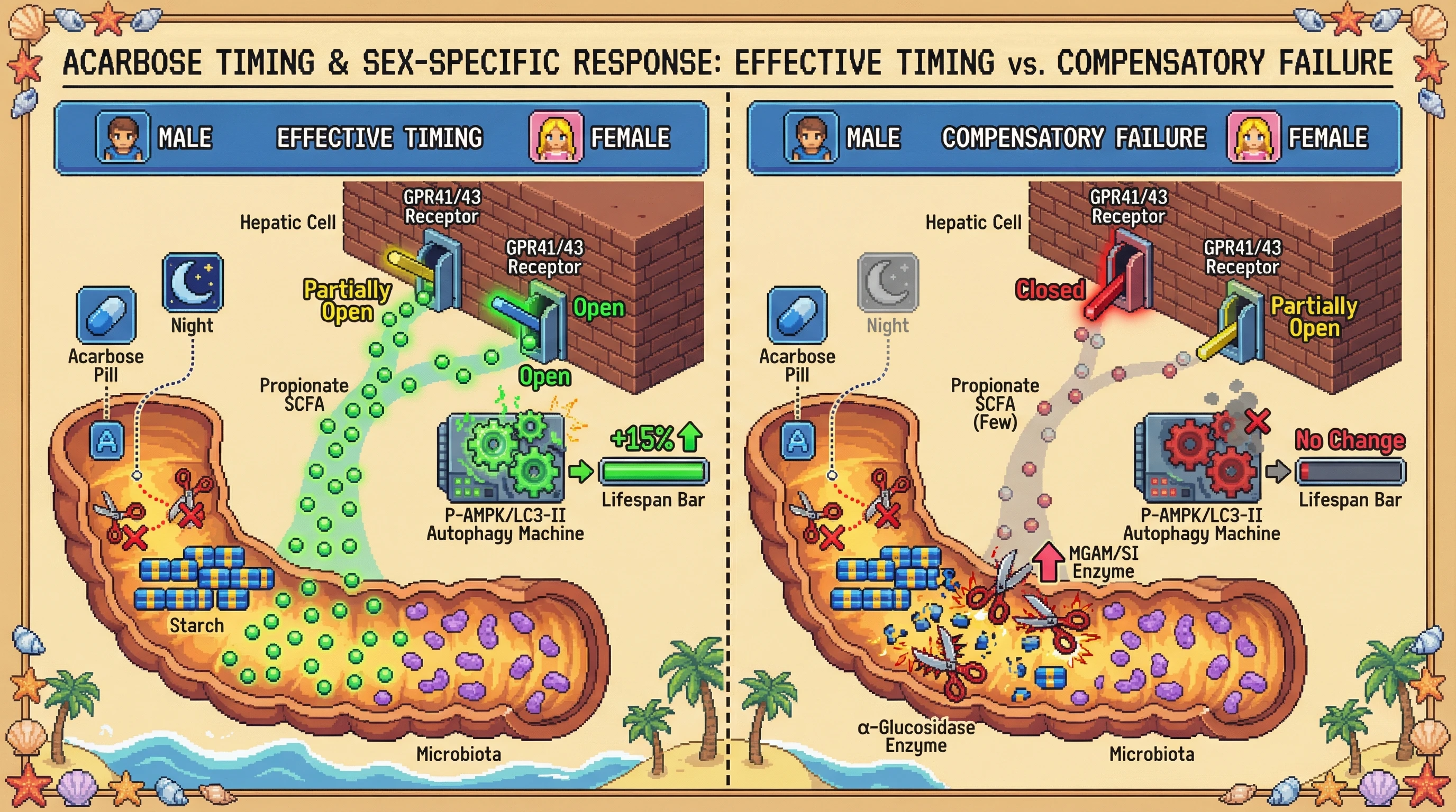 Mechanism: Acarbose, when timed with nocturnal feeding, increases microbiota-derived propionate, activating hepatic GPR41/43 receptors to enhance autophagy and fatty acid oxidation. Readout: Readout: This leads to a ~15% lifespan extension, but chronic use induces compensatory intestinal enzyme upregulation, blunting SCFA signals and abolishing the benefit in males.
