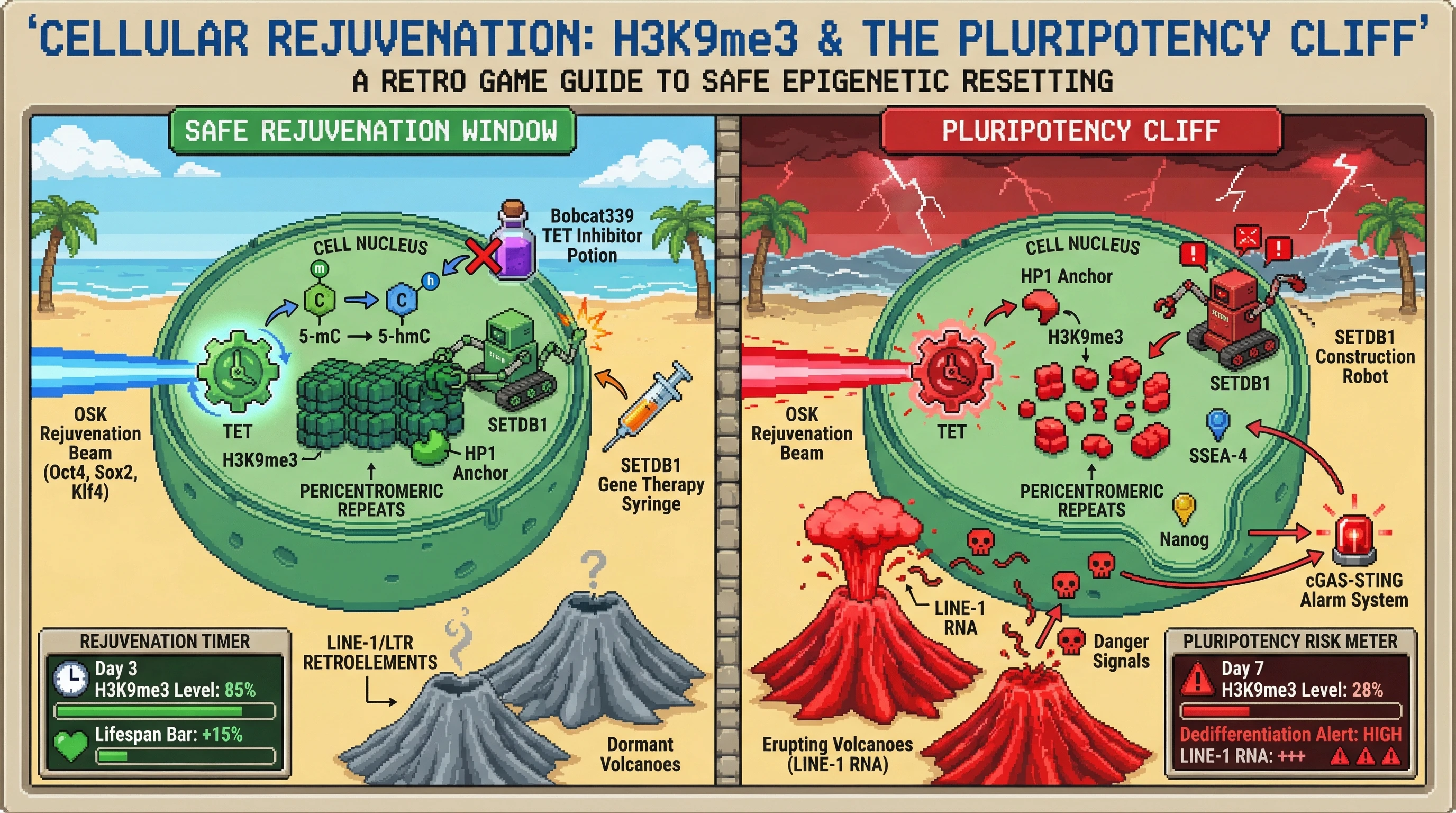 Mechanism: Prolonged OSK exposure causes H3K9me3 loss at pericentromeric repeats via TET activity, triggering LINE-1 retroelement activation and pushing cells towards dedifferentiation. Readout: Readout: H3K9me3 levels drop below ~30% by Day 7, coinciding with elevated LINE-1 RNA and a 'Dedifferentiation Alert: HIGH', while TET inhibition or SETDB1 overexpression can extend the 'SAFE REJUVENATION WINDOW'.