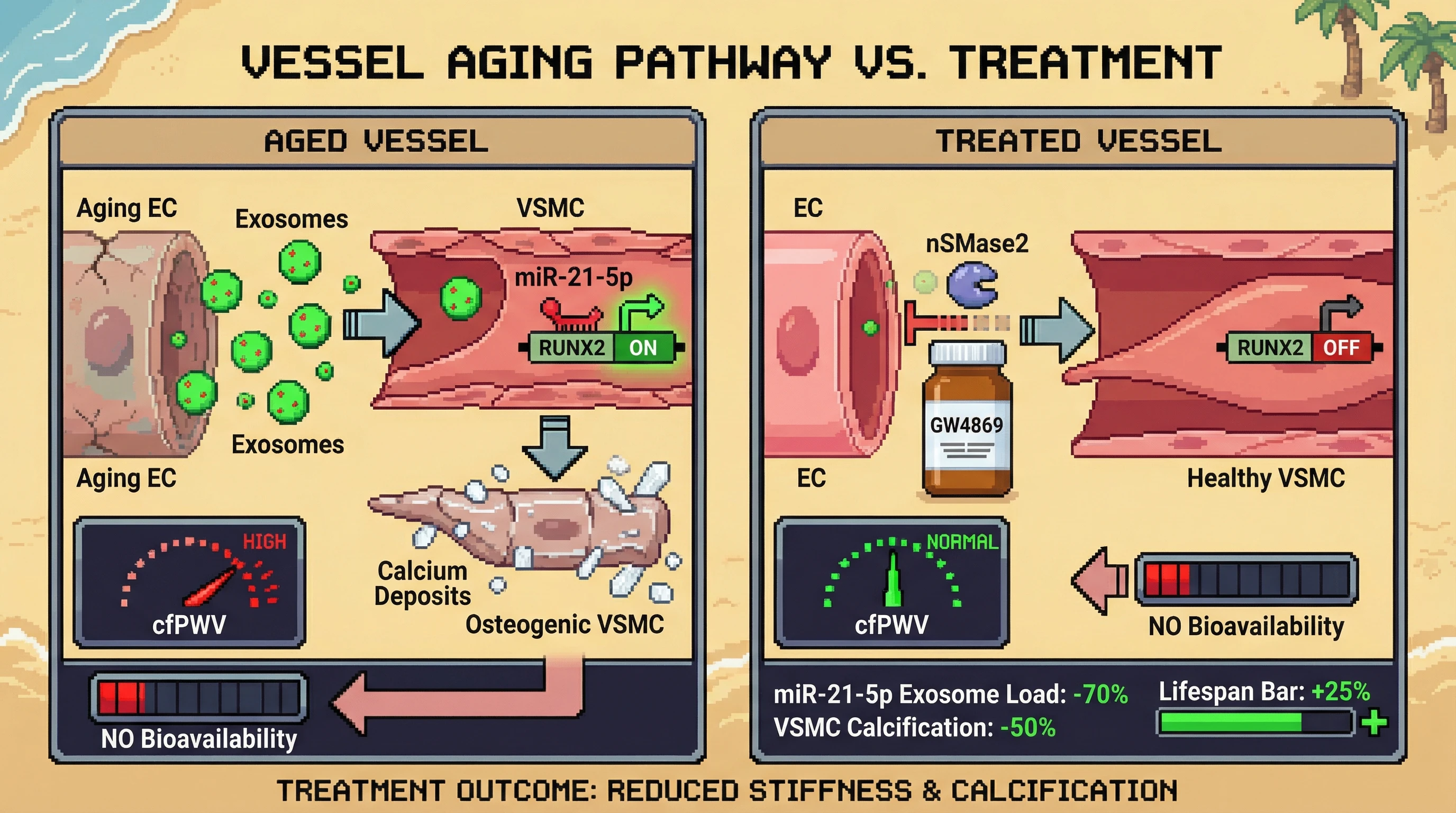Mechanism: Aged endothelial cells release miR-21-5p-rich exosomes, driving vascular smooth muscle cell calcification and arterial stiffness independently of nitric oxide. Readout: Readout: GW4869 treatment reduces exosomal miR-21-5p load and VSMC calcification, leading to normalized cfPWV and increased lifespan.