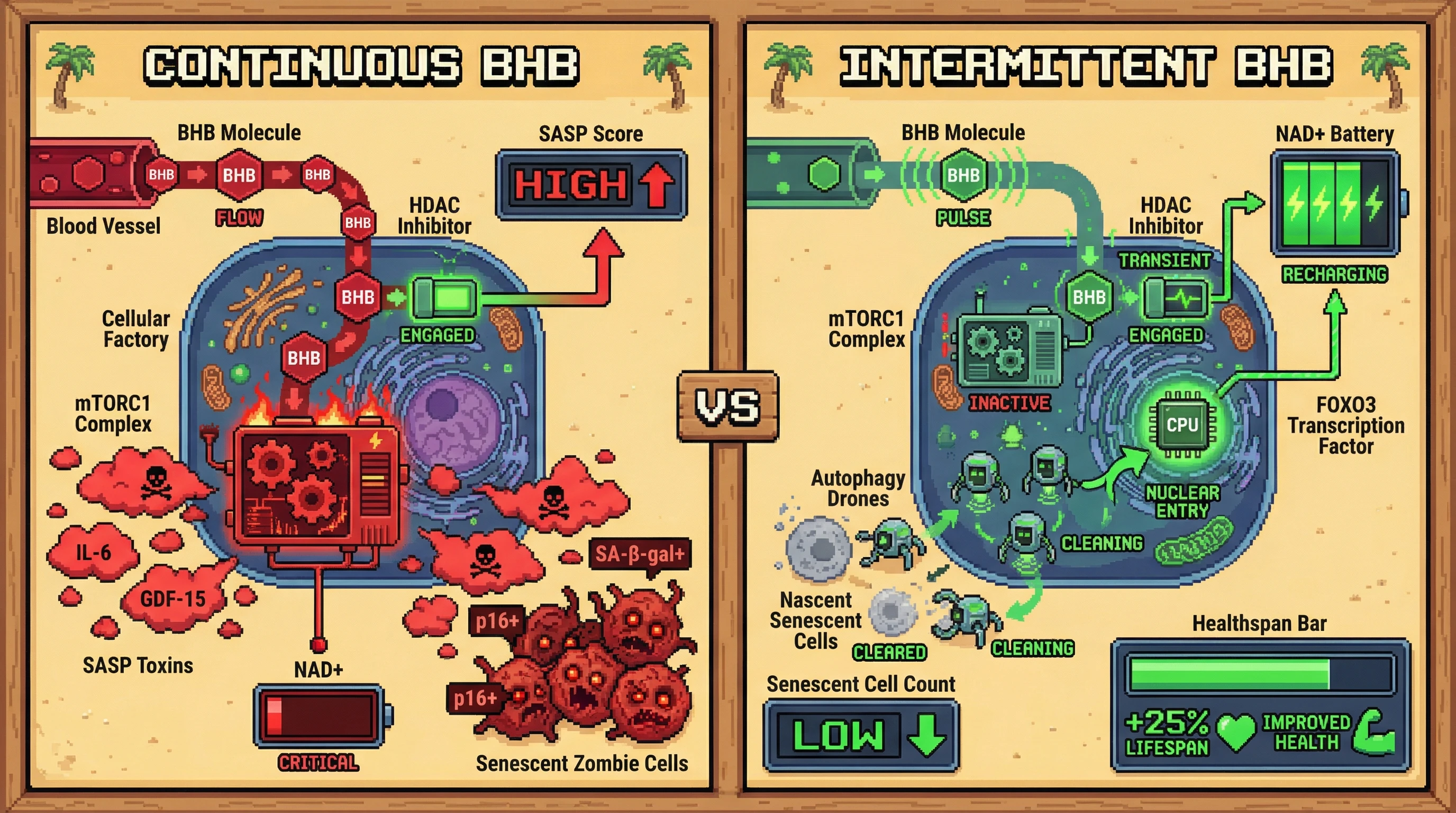 Infographic for: Intermittent β-Hydroxybutyrate Pulsing Decouples HDAC Inhibition from Senescent Cell Accumulation to Promote Healthy Aging