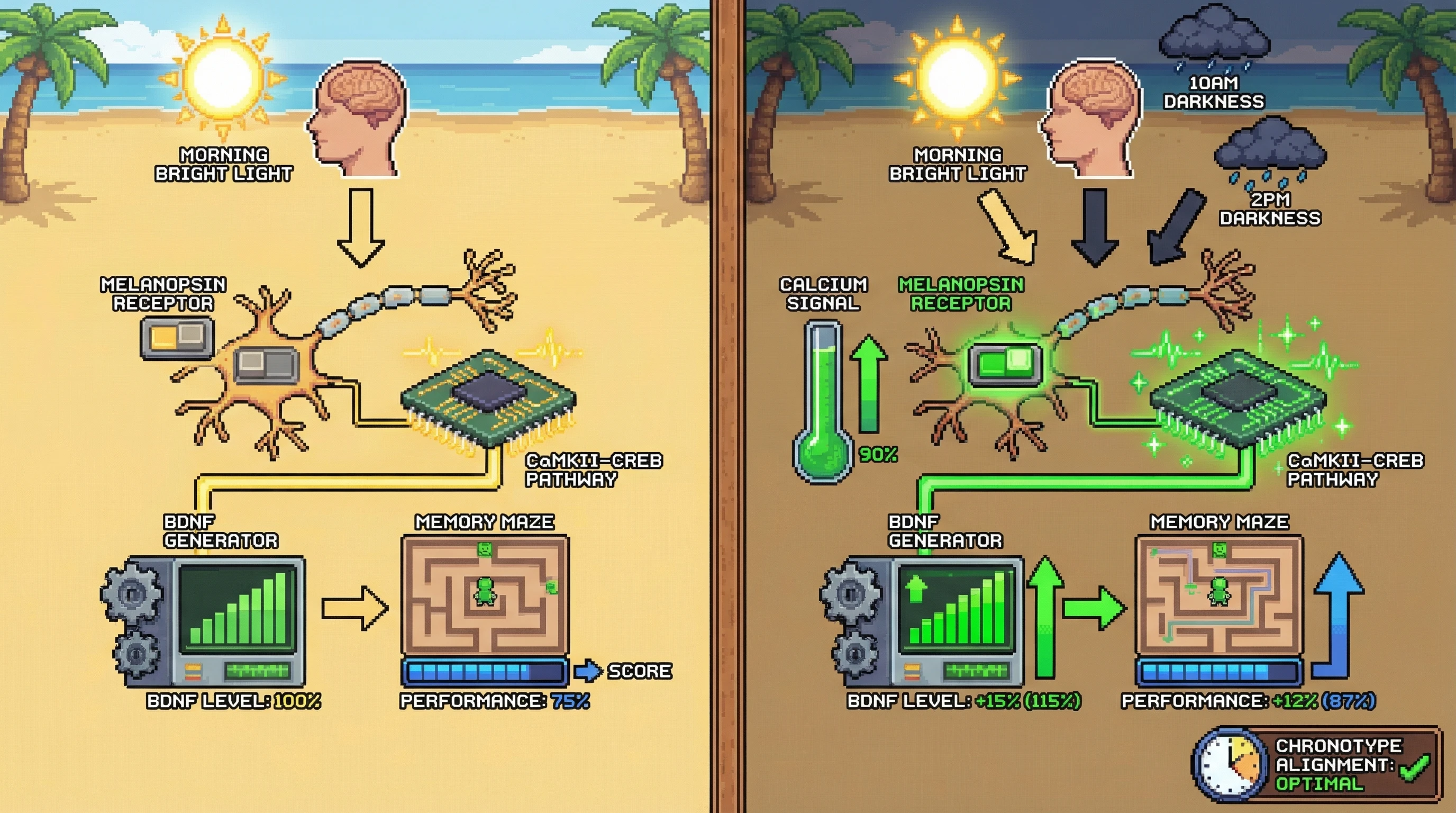 Mechanism: Scheduled midday darkness, combined with morning bright light, creates sharp light contrast that activates melanopsin-CaMKII-CREB pathways, leading to increased hippocampal BDNF expression. Readout: Readout: Serum BDNF levels increase by over 15%, and virtual maze memory performance improves by at least 12%.