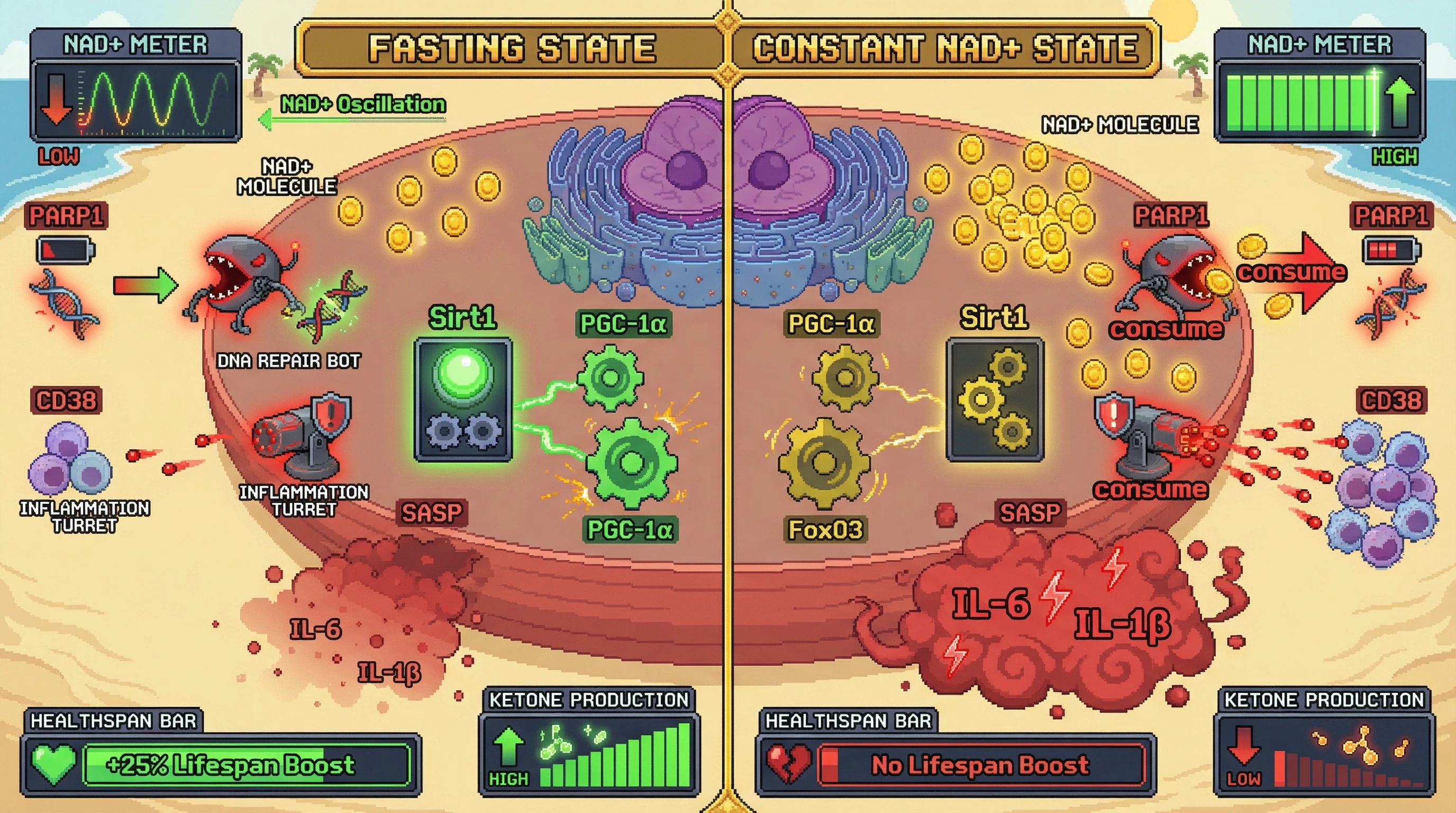 Infographic for: NAD+ Oscillations, Not Levels, Determine Whether NAD+ Decline Drives Aging or Adaptive Hormesis