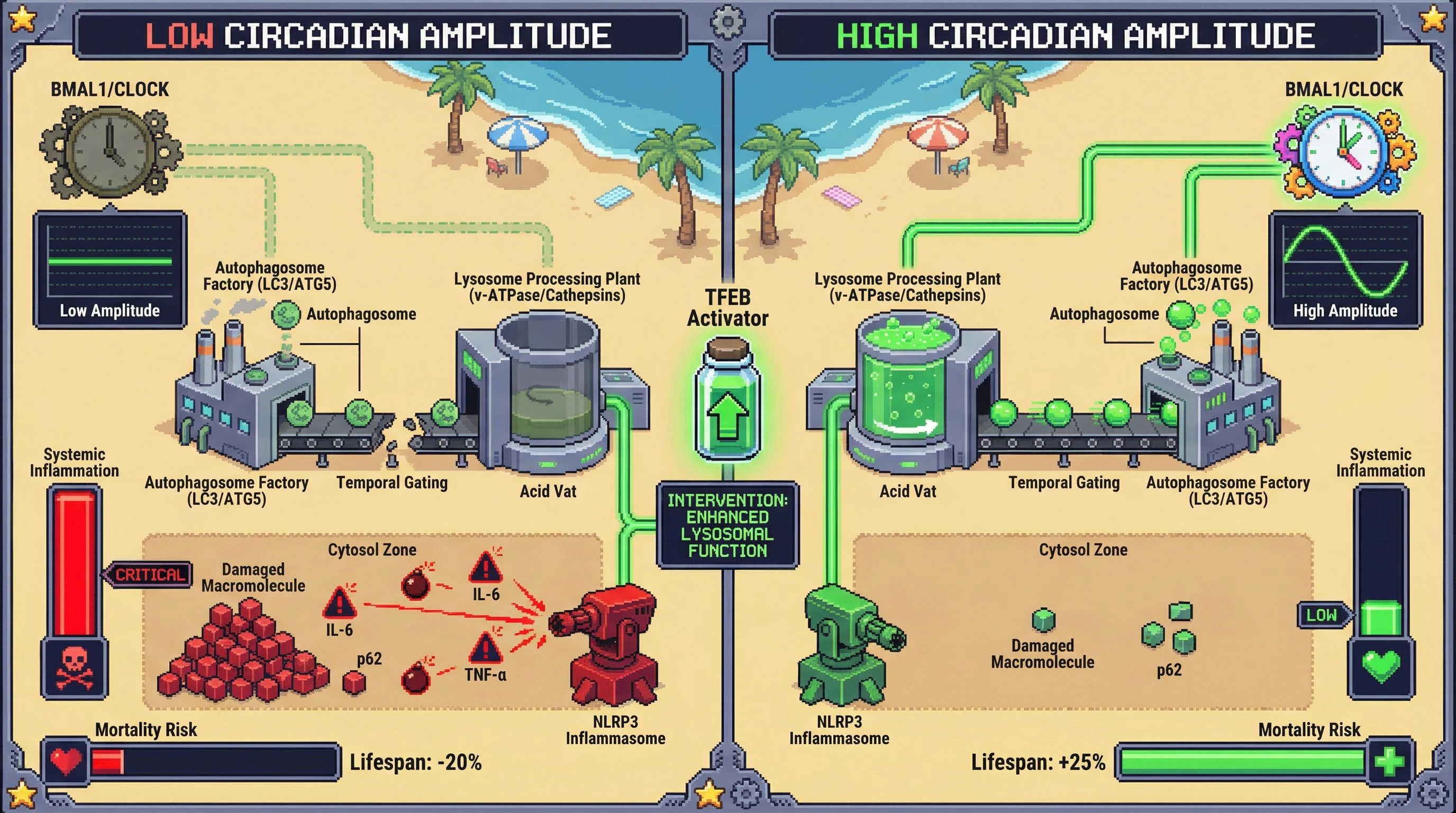 Mechanism: Low circadian amplitude disrupts rhythmic autophagy-lysosome flux by uncoupling autophagosome formation from lysosomal degradation, leading to damaged macromolecule accumulation and inflammasome activation. Readout: Readout: This results in increased systemic inflammation and an accelerated mortality risk, visually represented by a reduced lifespan bar, while TFEB activation restores flux.