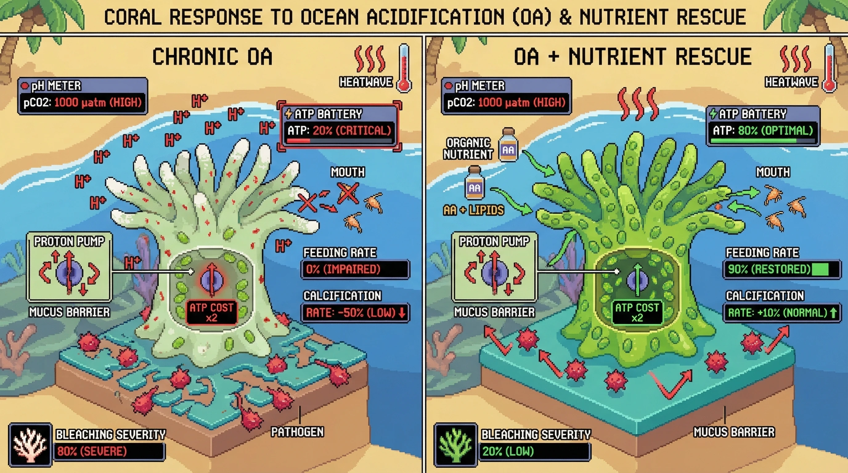 Infographic for: OA-induced impairment of heterotrophic feeding limits the protective capacity of heat-tolerant symbionts during marine heatwaves