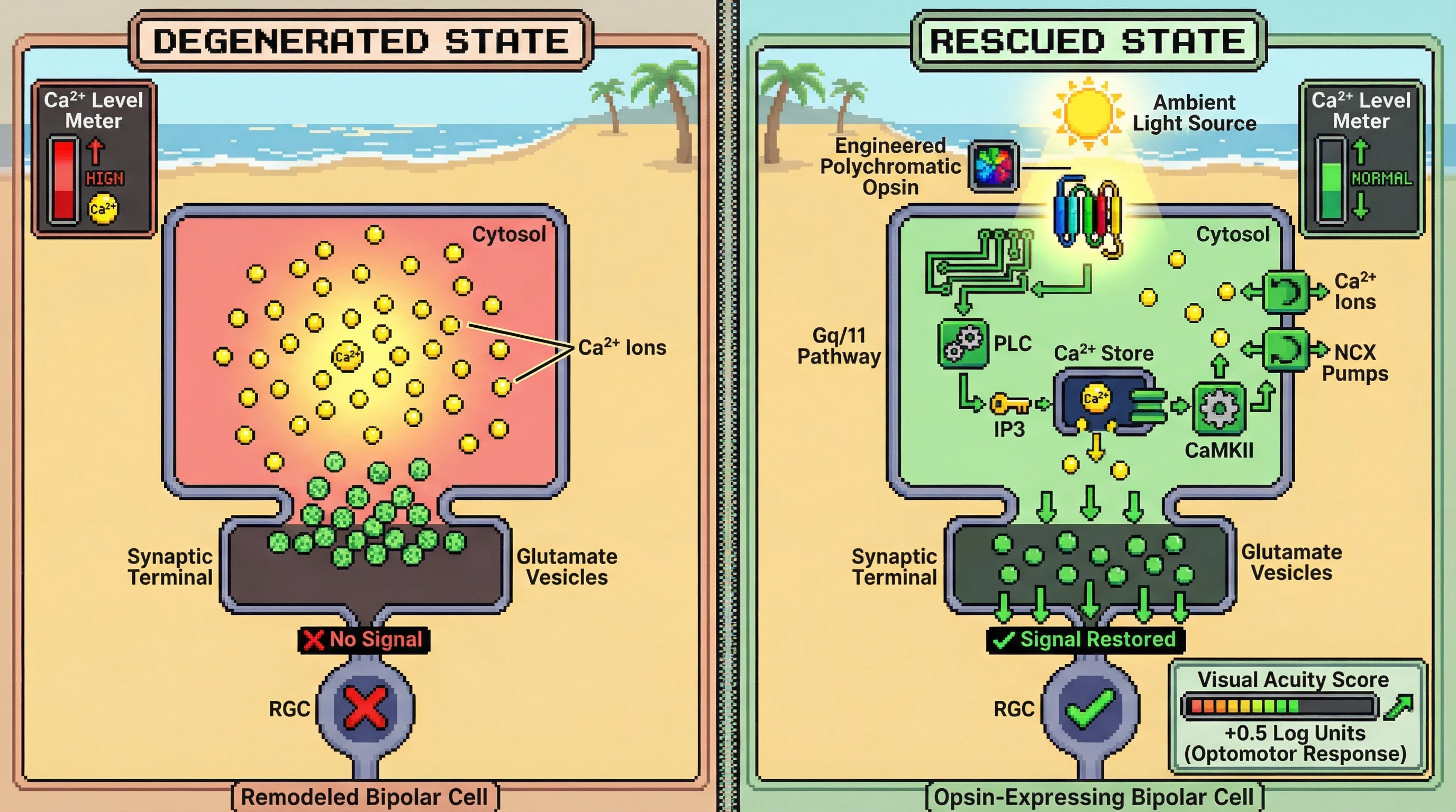 Infographic for: Hypothesis: Polychromatic Ambient Light Opsins Restore Calcium Buffering in Remodeled Bipolar Cells to Improve Signal Integration in Late-Stage Retinal Degeneration