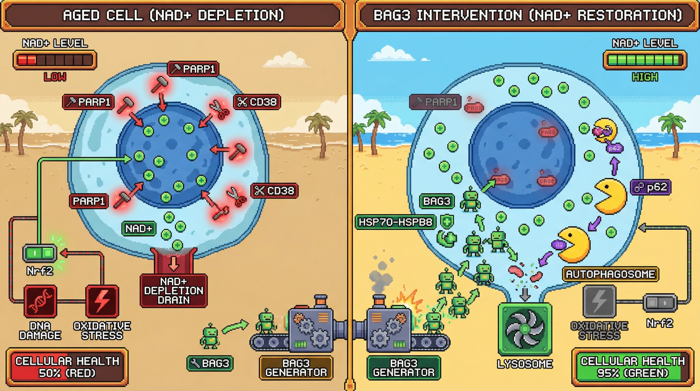 Infographic for: BAG3-Mediated Autophagy Regulates NAD+ Homeostasis by Targeting PARP1 and CD38 in Aging