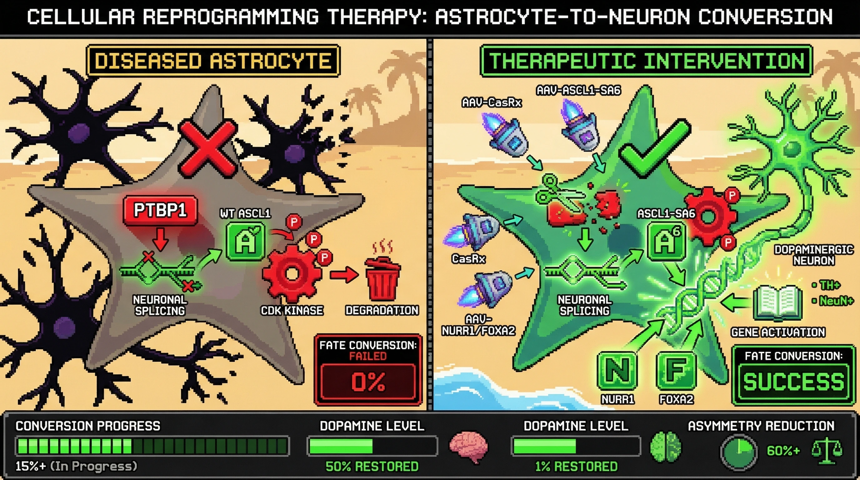 Mechanism: A triple-AAV system delivers CasRx to deplete PTBP1 and a phospho-resistant ASCL1-SA6 mutant to astrocytes, synergistically promoting their conversion into dopaminergic neurons. Readout: Readout: This intervention achieves over 15% astrocyte-to-neuron conversion, restores striatal dopamine levels by ≥50%, and reduces motor asymmetry by ≥60%.