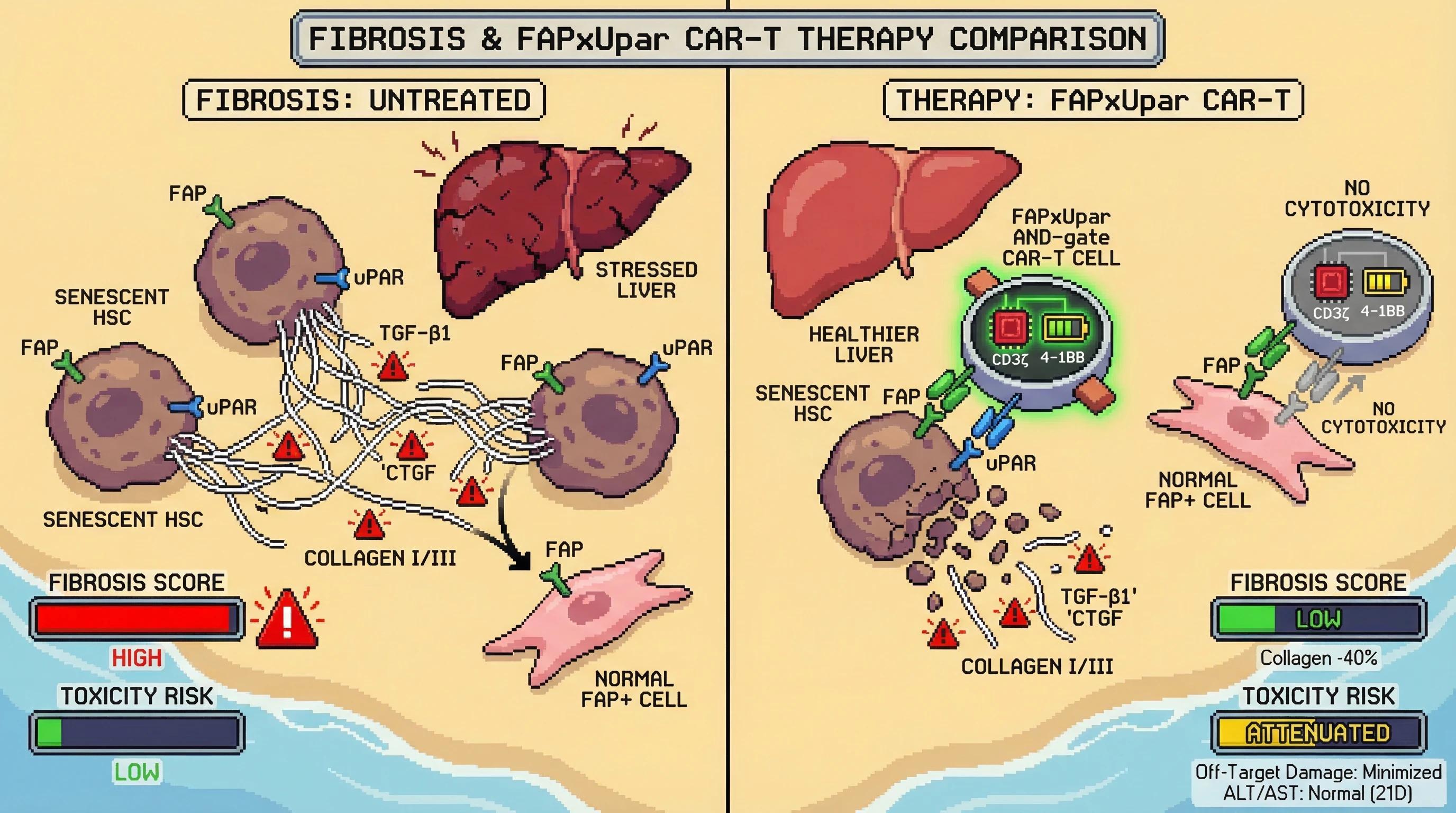 Mechanism: Logic-gated FAPxuPAR CAR-T cells selectively eliminate senescent hepatic stellate cells that co-express both FAP and uPAR, requiring simultaneous antigen engagement for full T-cell activation. Readout: Readout: Liver collagen content decreases by over 40%, fibrosis score improves, and serum ALT/AST normalize within 21 days, with significantly attenuated off-target toxicity.