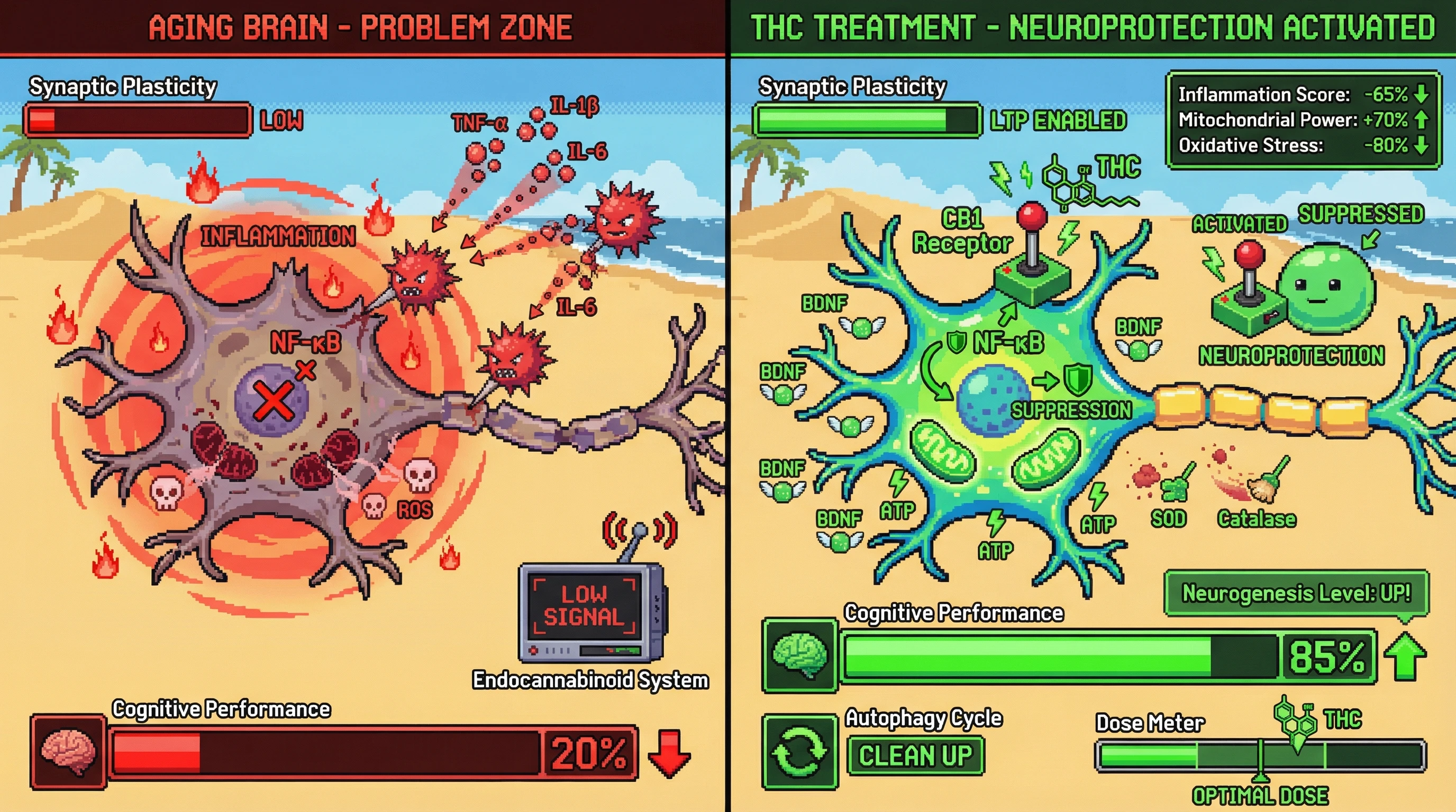 This retro pixel art infographic illustrates how low-dose THC, by activating CB1 receptors, combats age-related neuroinflammation and mitochondrial dysfunction, leading to enhanced neuroprotection and improved cognitive function in the aging brain.