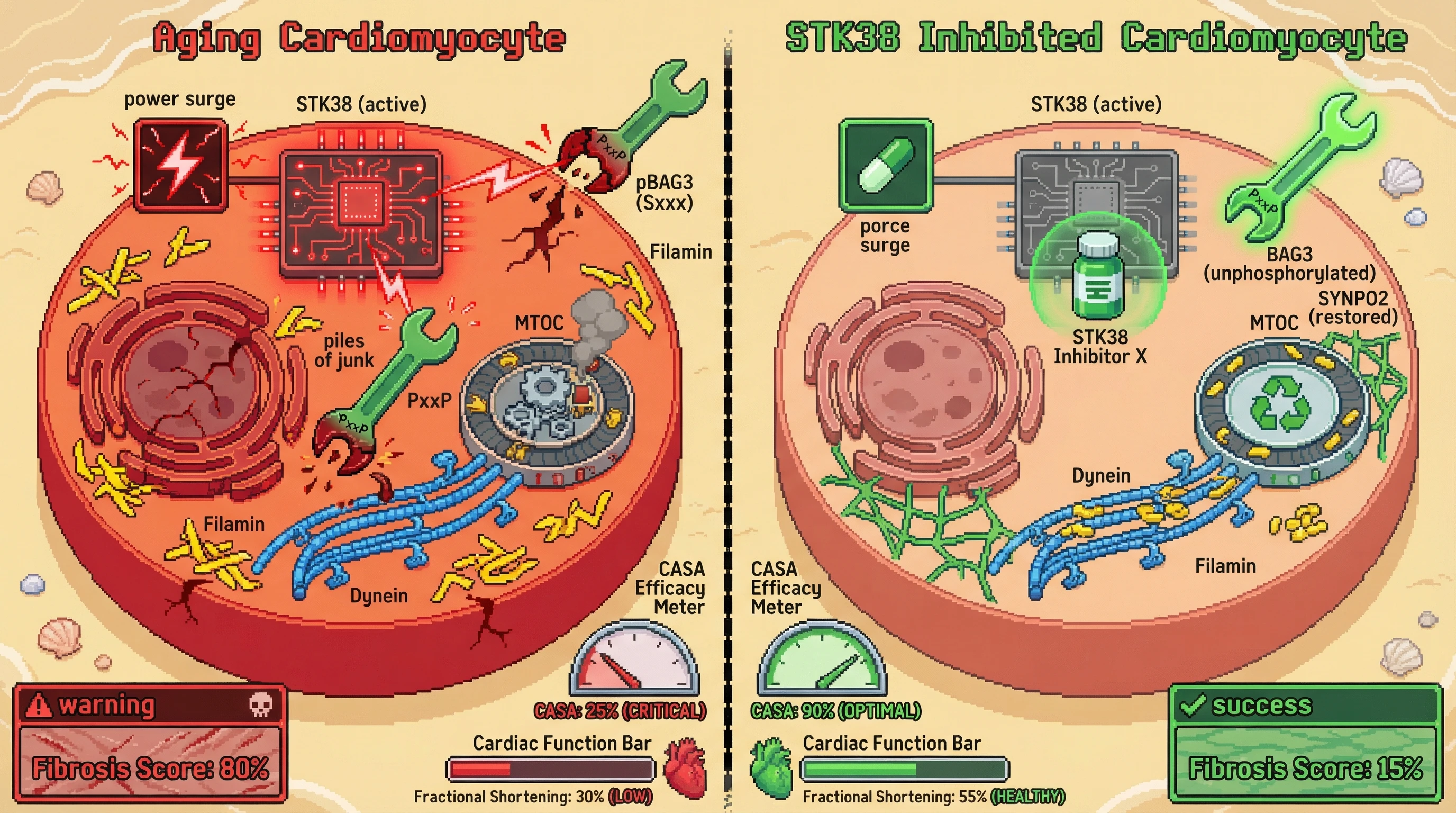 Infographic for: STK38-mediated phosphorylation of BAG3 disrupts dynein-driven aggresome formation and CASA in aging cardiomyopathy