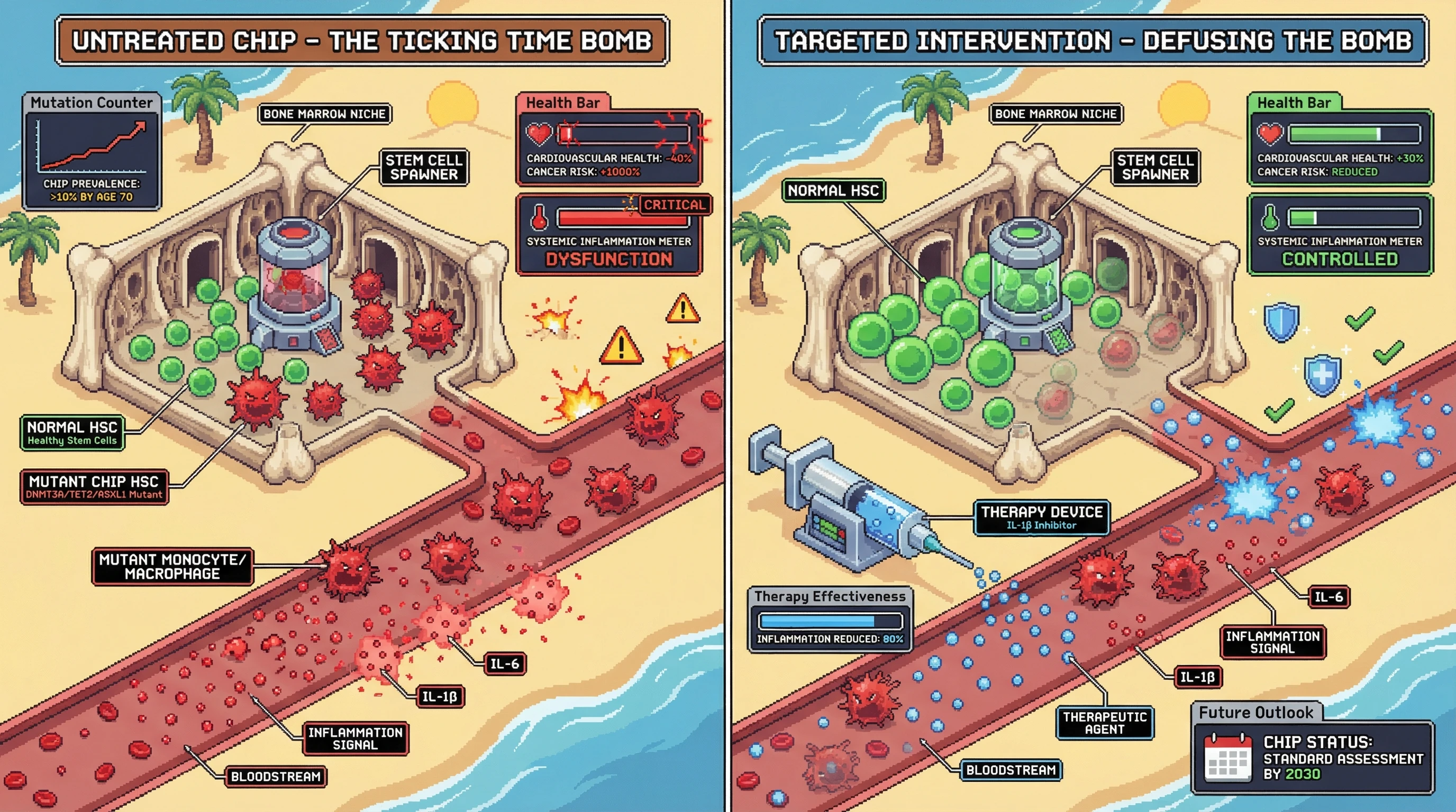 This infographic depicts the silent threat of Clonal Hematopoiesis (CHIP) in aging, showing how mutant stem cells drive chronic inflammation and disease. It then illustrates a future therapeutic strategy using IL-1β inhibition and competitive advantage to mitigate these harmful effects and improve health outcomes.
