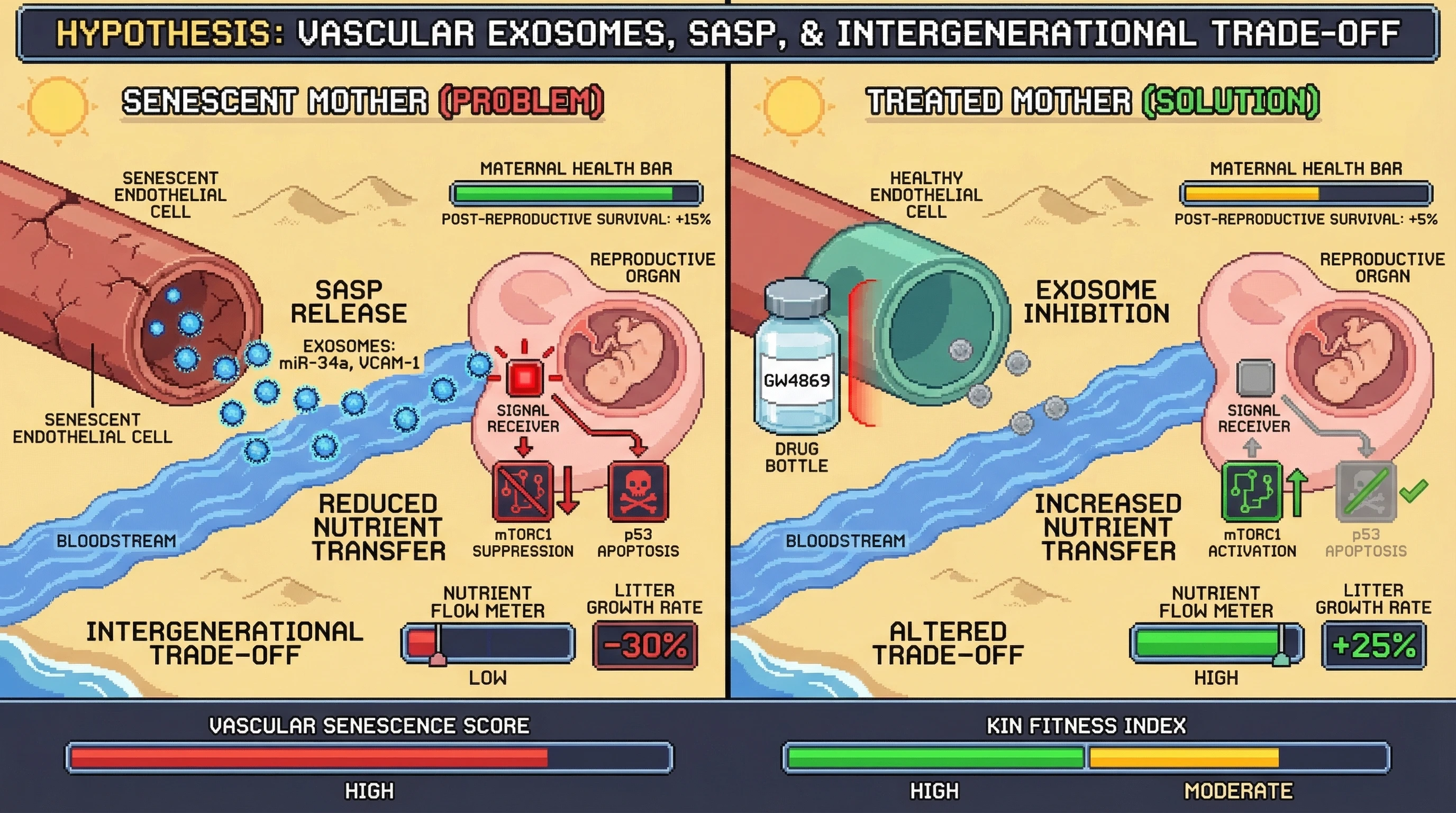 Mechanism: Endothelial cell senescence releases SASP-laden exosomes, suppressing mTORC1 and nutrient transfer to offspring. Readout: Readout: This process reduces litter growth but extends maternal post-reproductive survival, indicating an intergenerational trade-off.