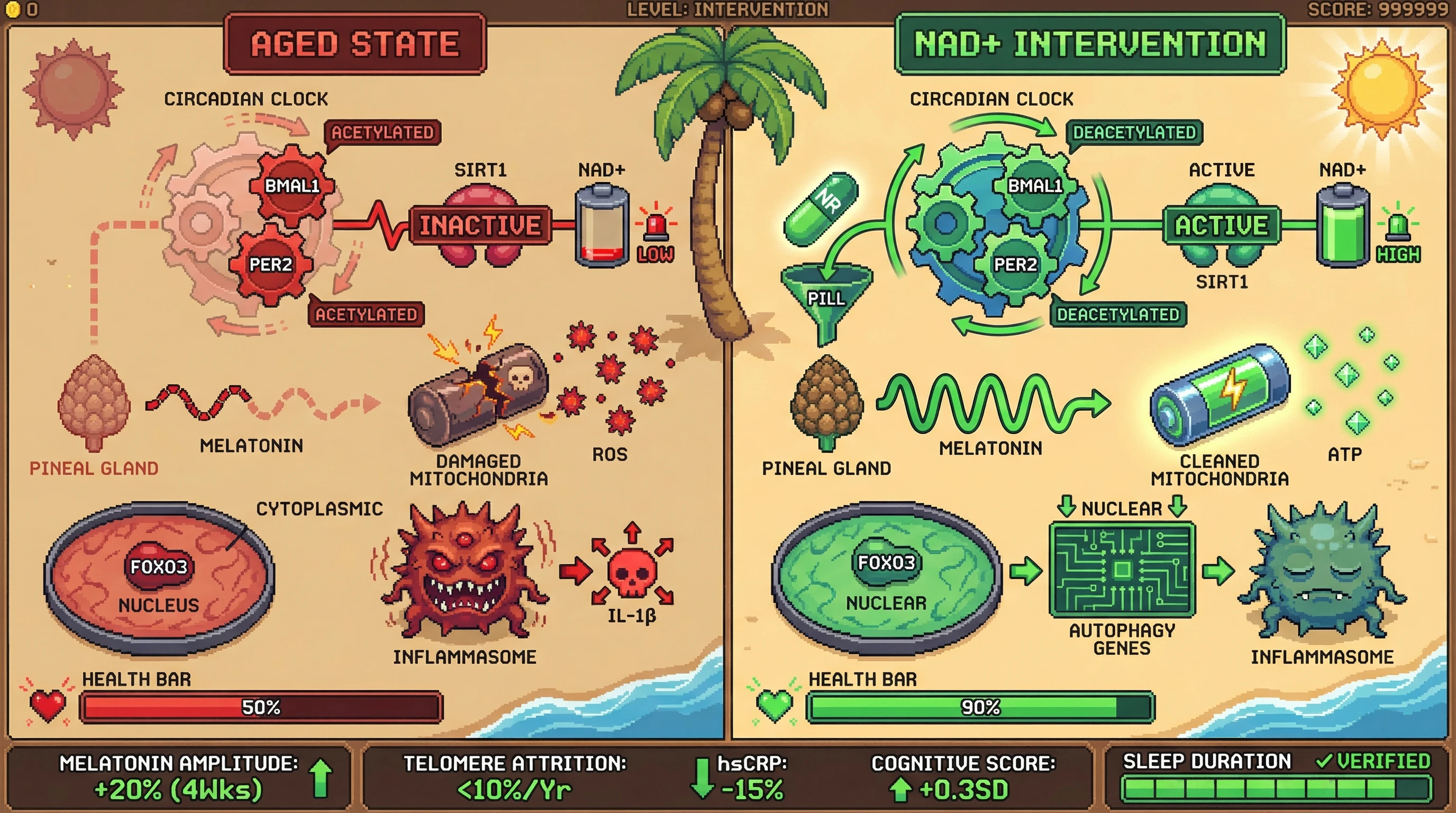 Infographic for: Timed NAD+ supplementation amplifies circadian rhythm strength, rescuing melatonin decline and extending healthspan beyond sleep duration alone