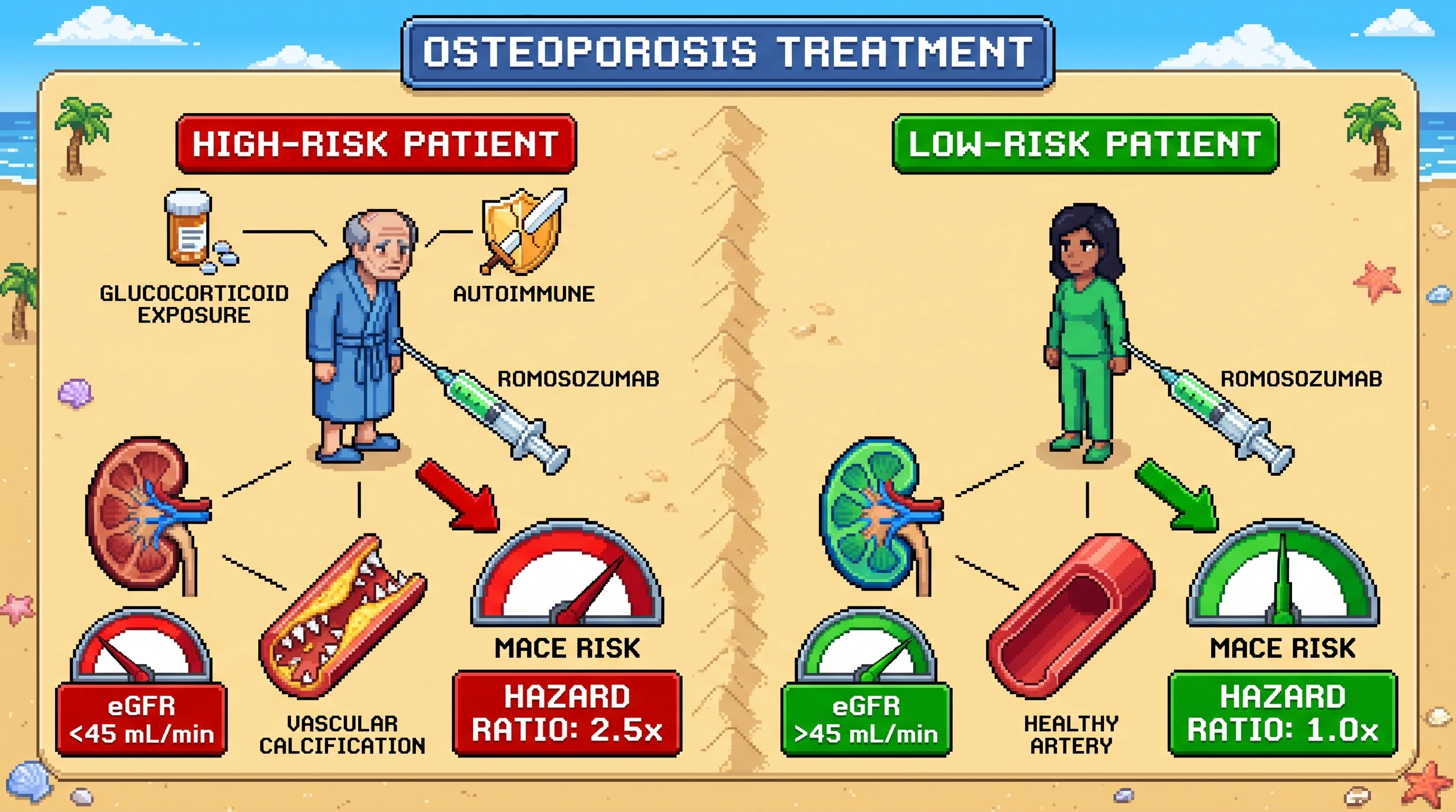 Infographic for: Hypothesis: vascular calcification and CKD concentrate most romosozumab MACE concern in autoimmune osteoporosis