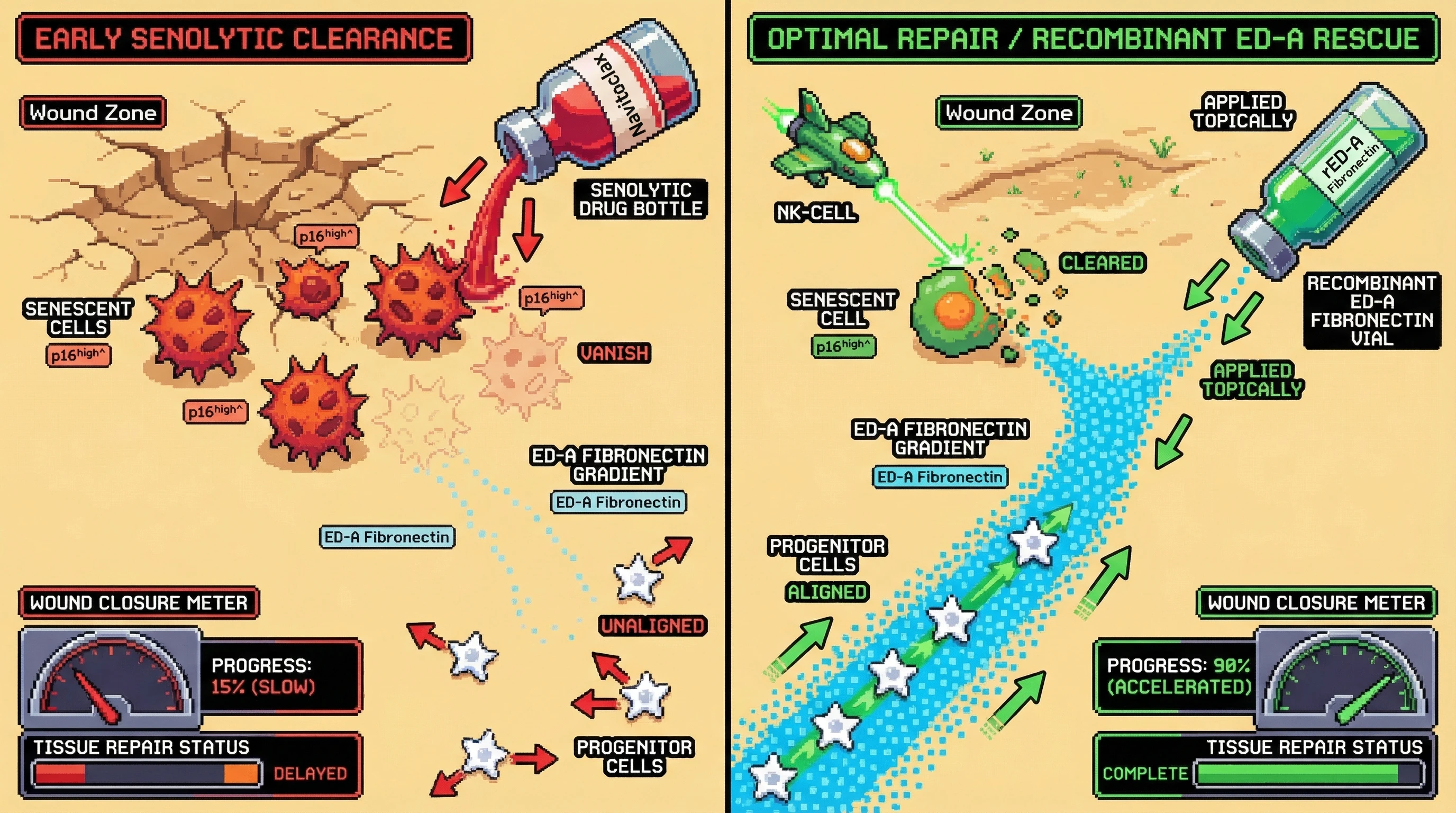 Infographic for: Senescent Cells Deposit a Transient ED‑A Fibronectin Gradient that Guides Regenerative Progenitors; Their Premature Removal Disrupts Tissue Repair