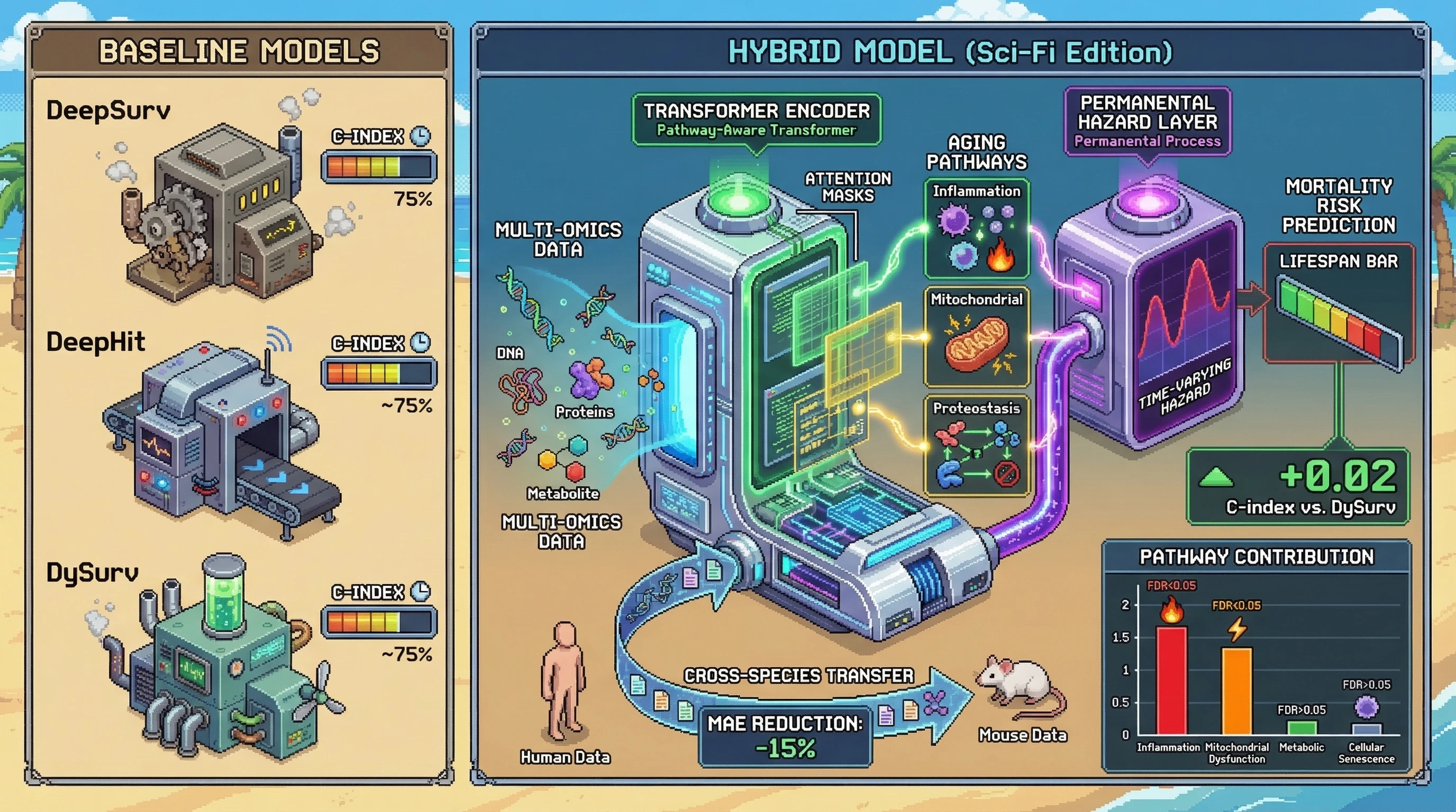 Infographic for: Pathway-aware Permanental Transformer Surrogate for Cross‑Species Longevity Hazard Prediction