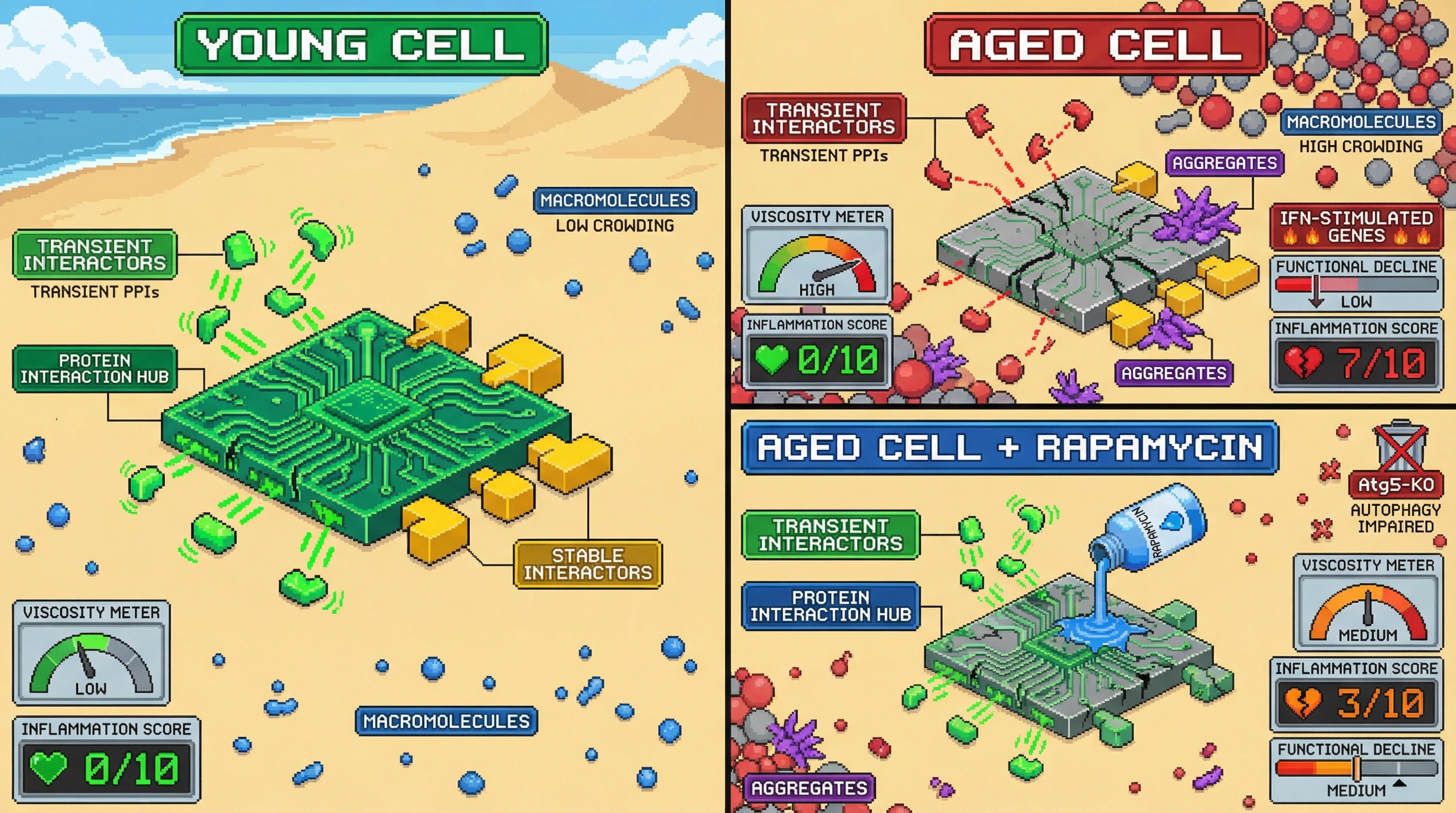 Infographic for: Age‑dependent rewiring of protein interaction hubs via crowding‑induced loss of transient contacts