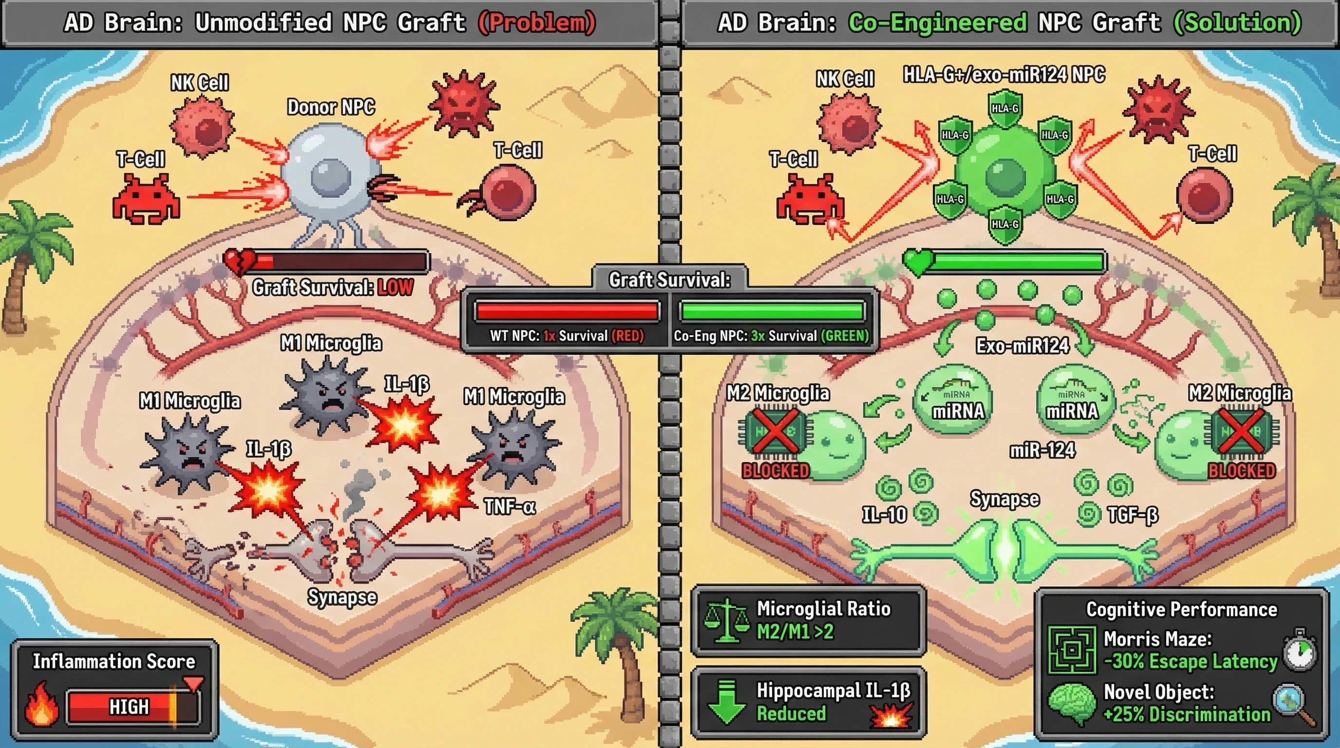 Infographic for: HLA‑G and exosomal miR‑124 co‑engineering to boost iPSC‑derived neural progenitor engraftment in Alzheimer’s disease