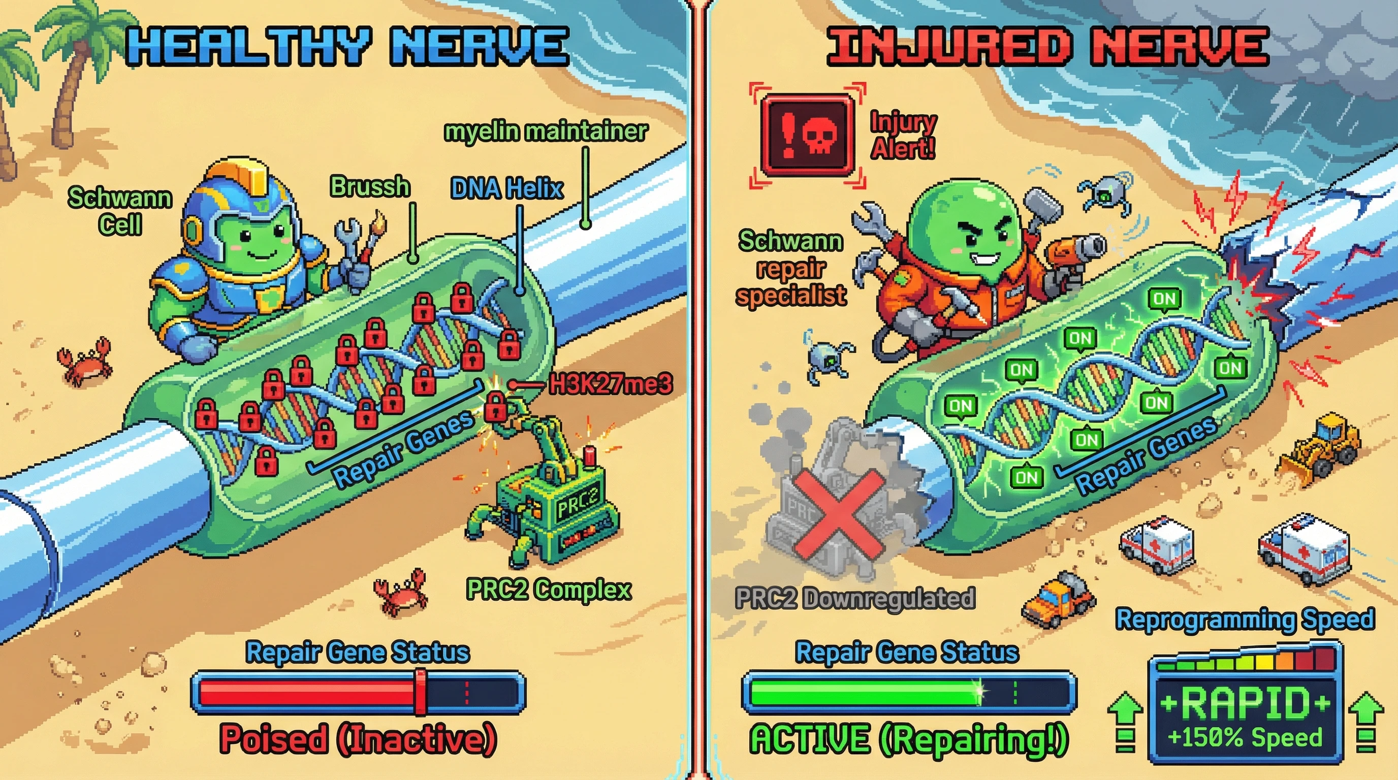 Infographic for: Schwann cells keep repair genes in a poised state until injury—then epigenetic switches trigger rapid reprogramming