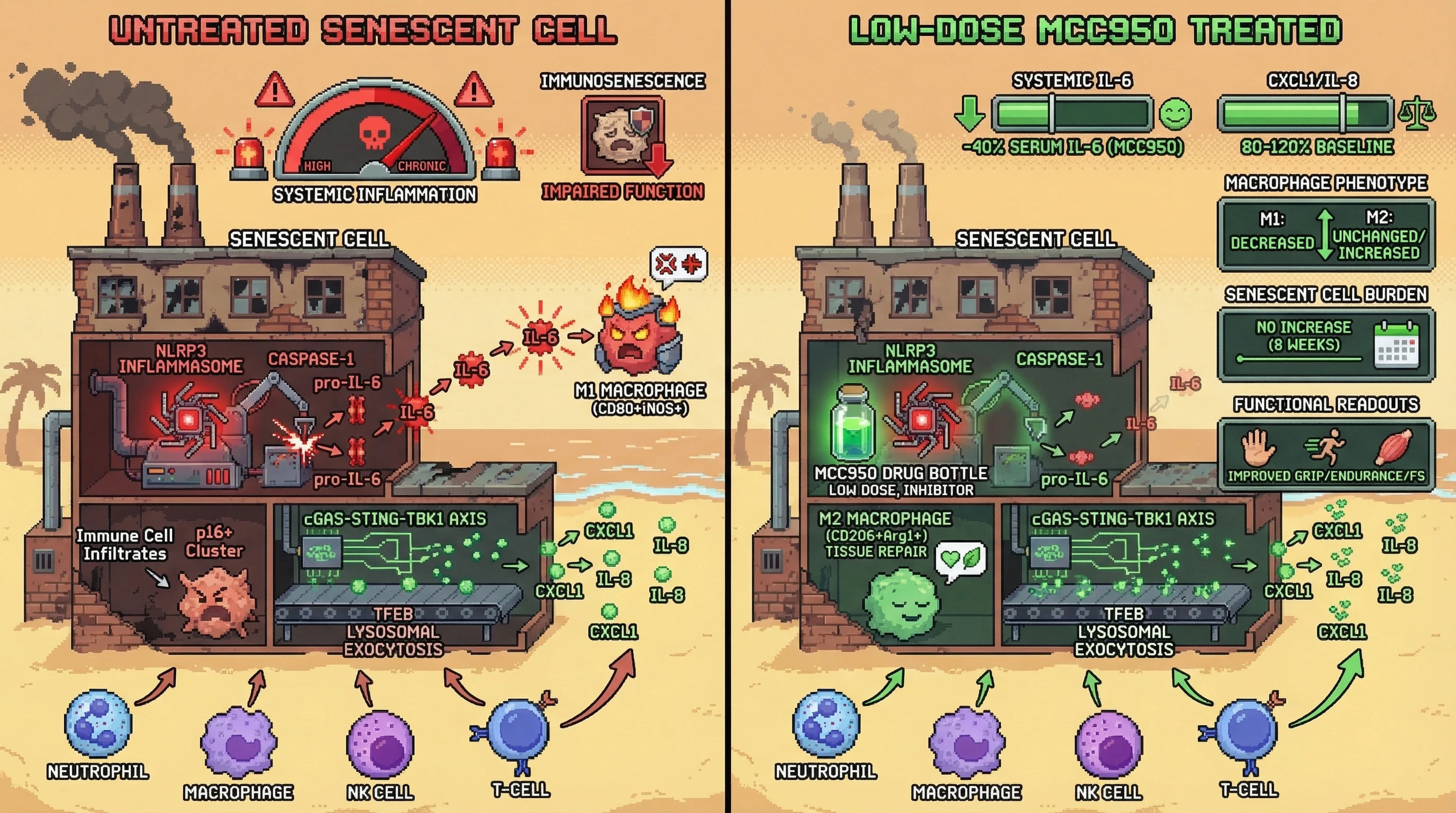 Infographic for: Low-dose NLRP3 inhibition reshapes the SASP to preserve immune recruitment while curbing systemic IL-6–driven immunosenescence
