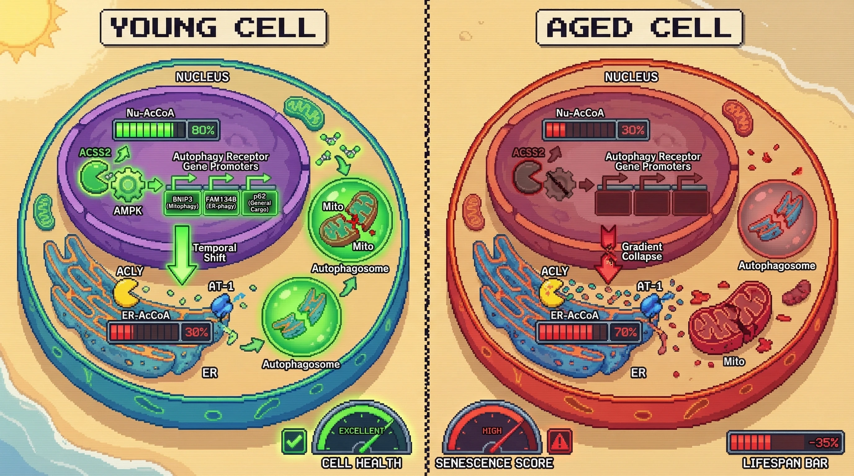 Mechanism: A healthy cell maintains a specific nuclear-to-ER acetyl-CoA gradient, which ensures a correct temporal order for organelle degradation, starting with mitochondria. Readout: Readout: In aged cells, this gradient collapses, leading to mistimed ER-phagy, mitochondrial accumulation, increased senescence score, and a 35% reduction in lifespan.