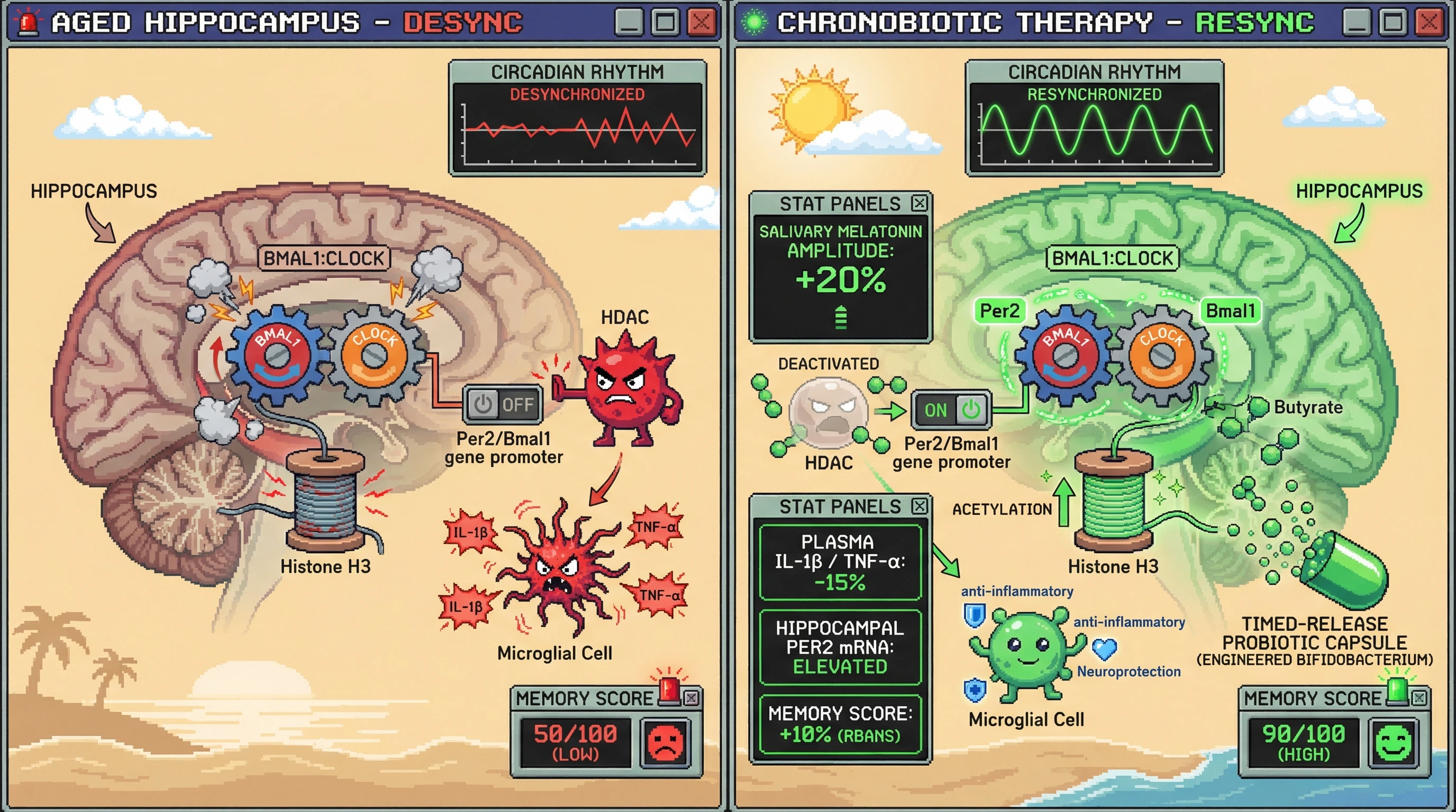 Infographic for: Timed Butyrate‑Producing Engineered Probiotic Restores Hippocampal Clock Gene Rhythm and Mitigates Age‑Related Cognitive Decline