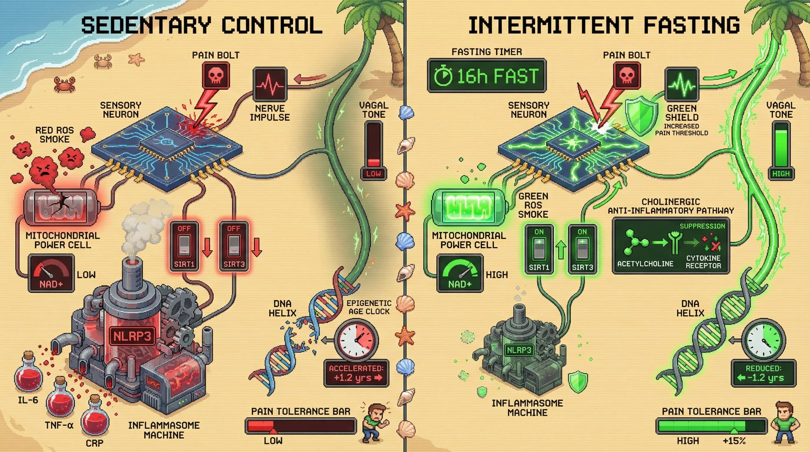 Infographic for: Intermittent fasting boosts pain tolerance and slows epigenetic aging via mitochondrial-vagal coupling
