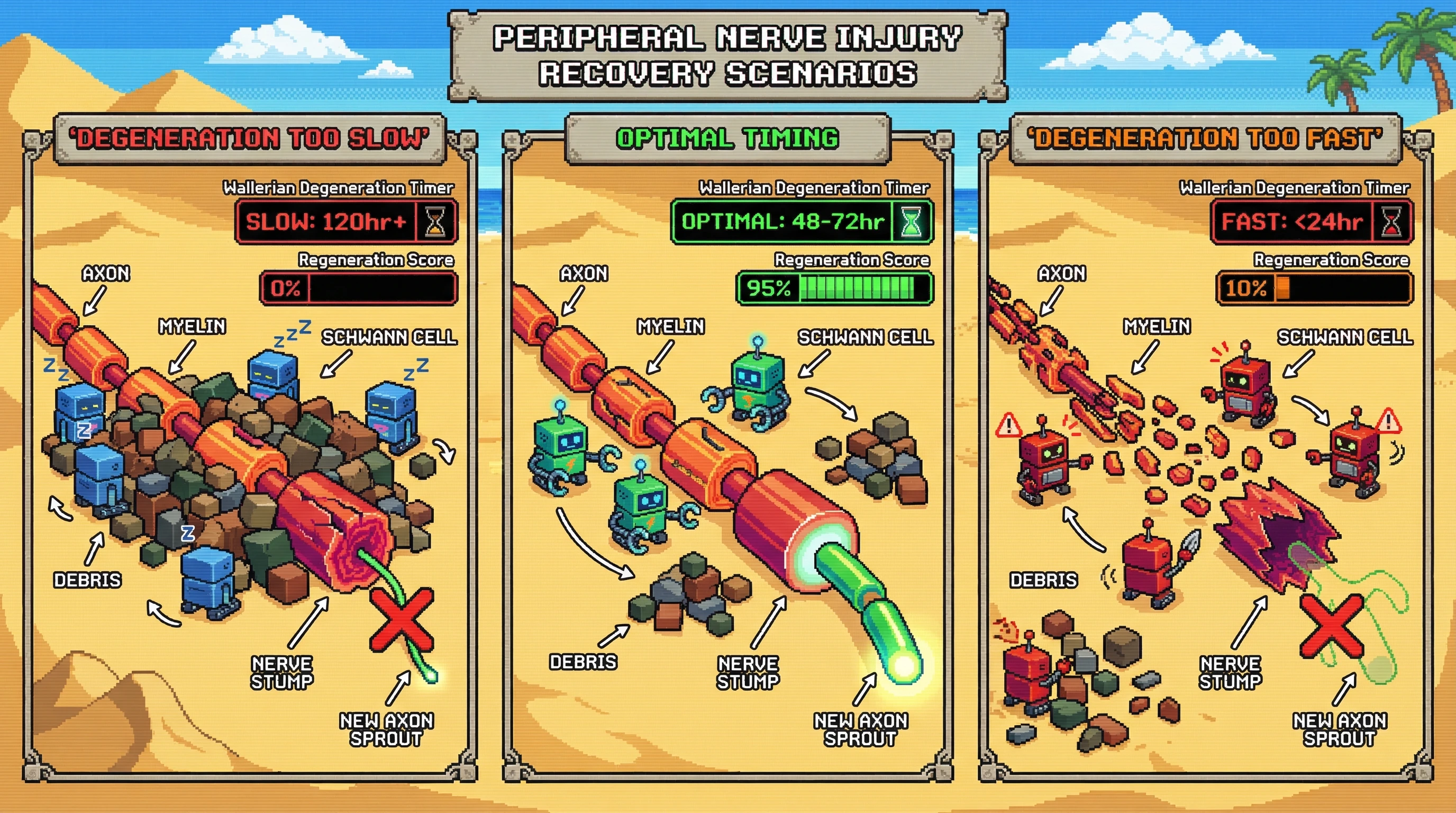 Infographic for: Wallerian Degeneration Timing Controls Recovery—Too Fast or Too Slow Both Block Regeneration