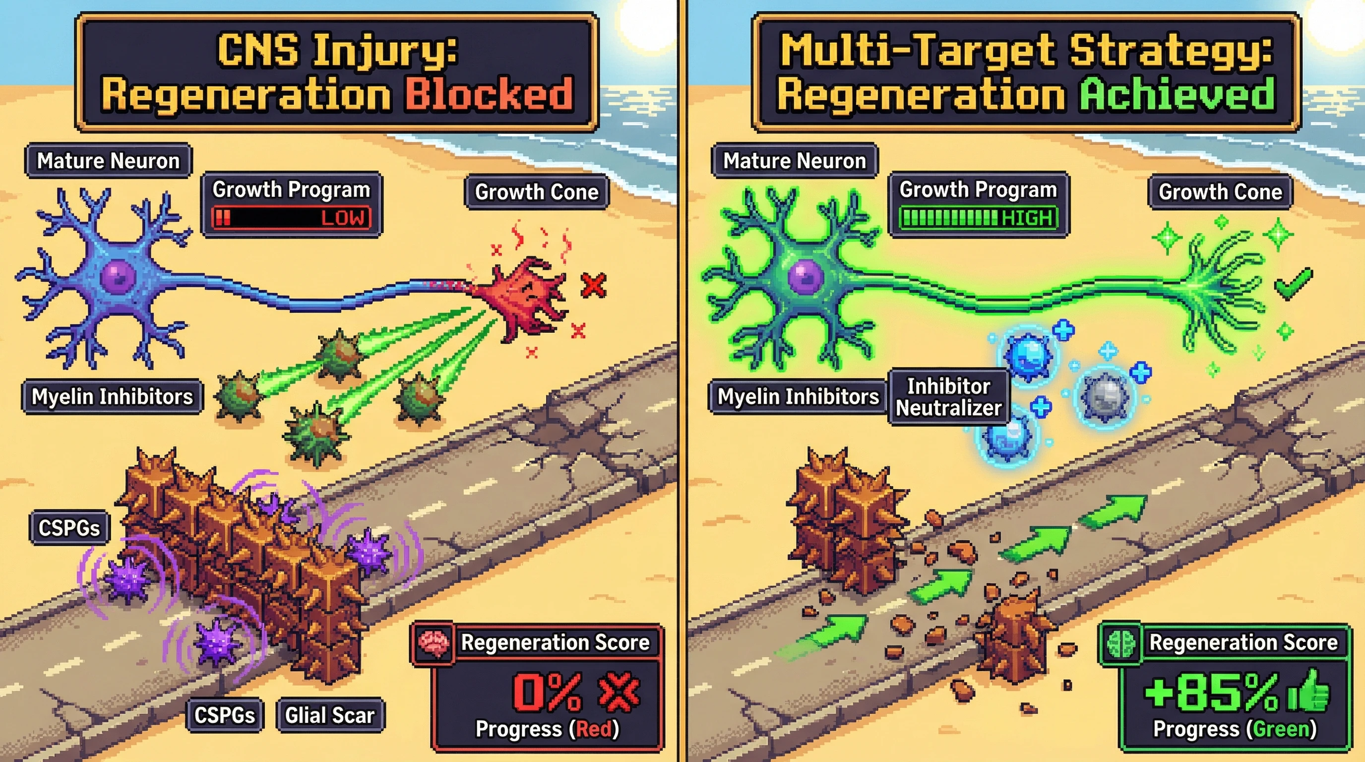 Infographic for: Three barriers block CNS regeneration—and all three must be addressed, not just one