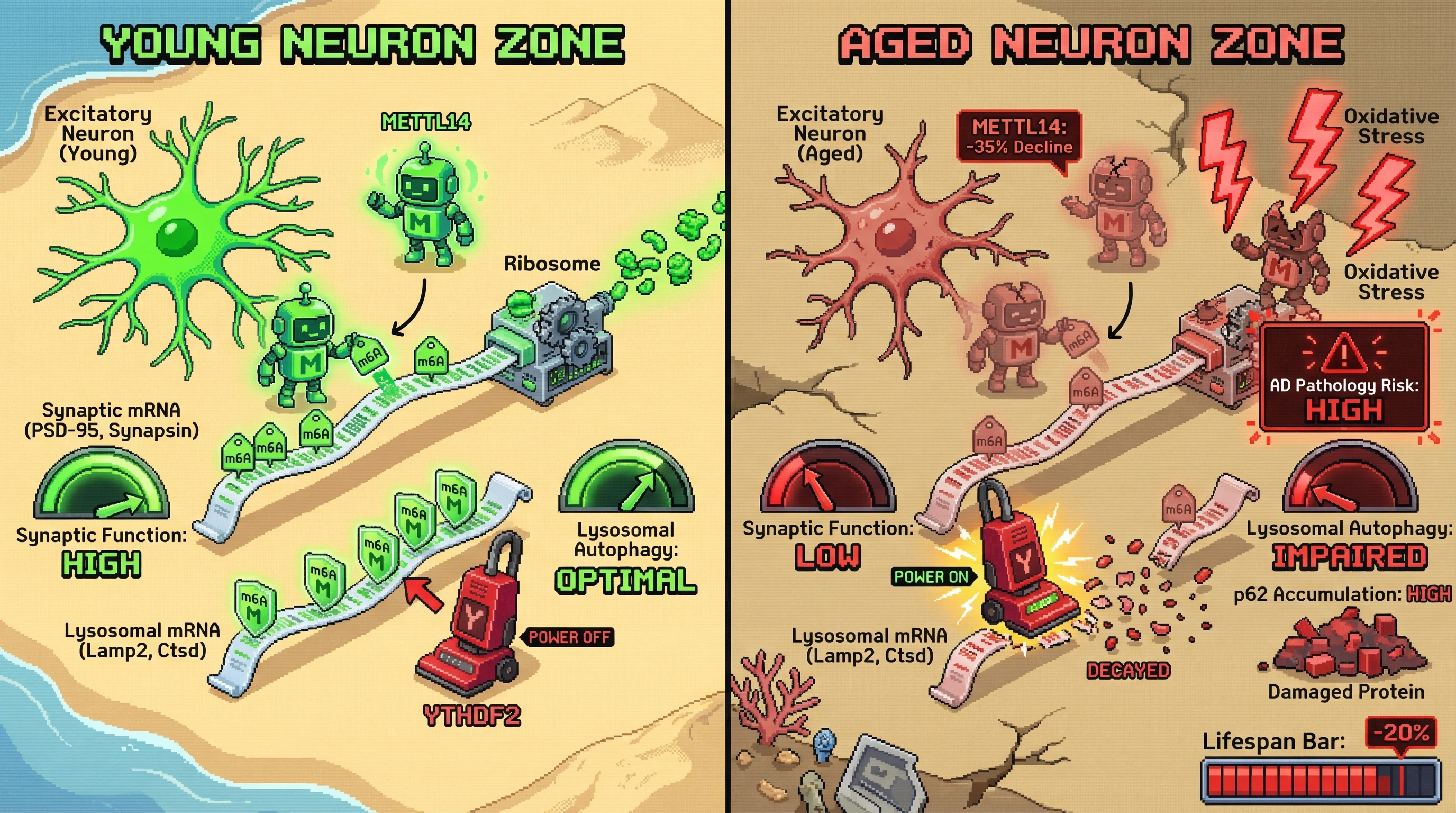 Infographic for: Age‑dependent METTL14 loss redirects m6A from synaptic translation to autophagy dysregulation via YTHDF2‑mediated decay of lysosomal transcripts