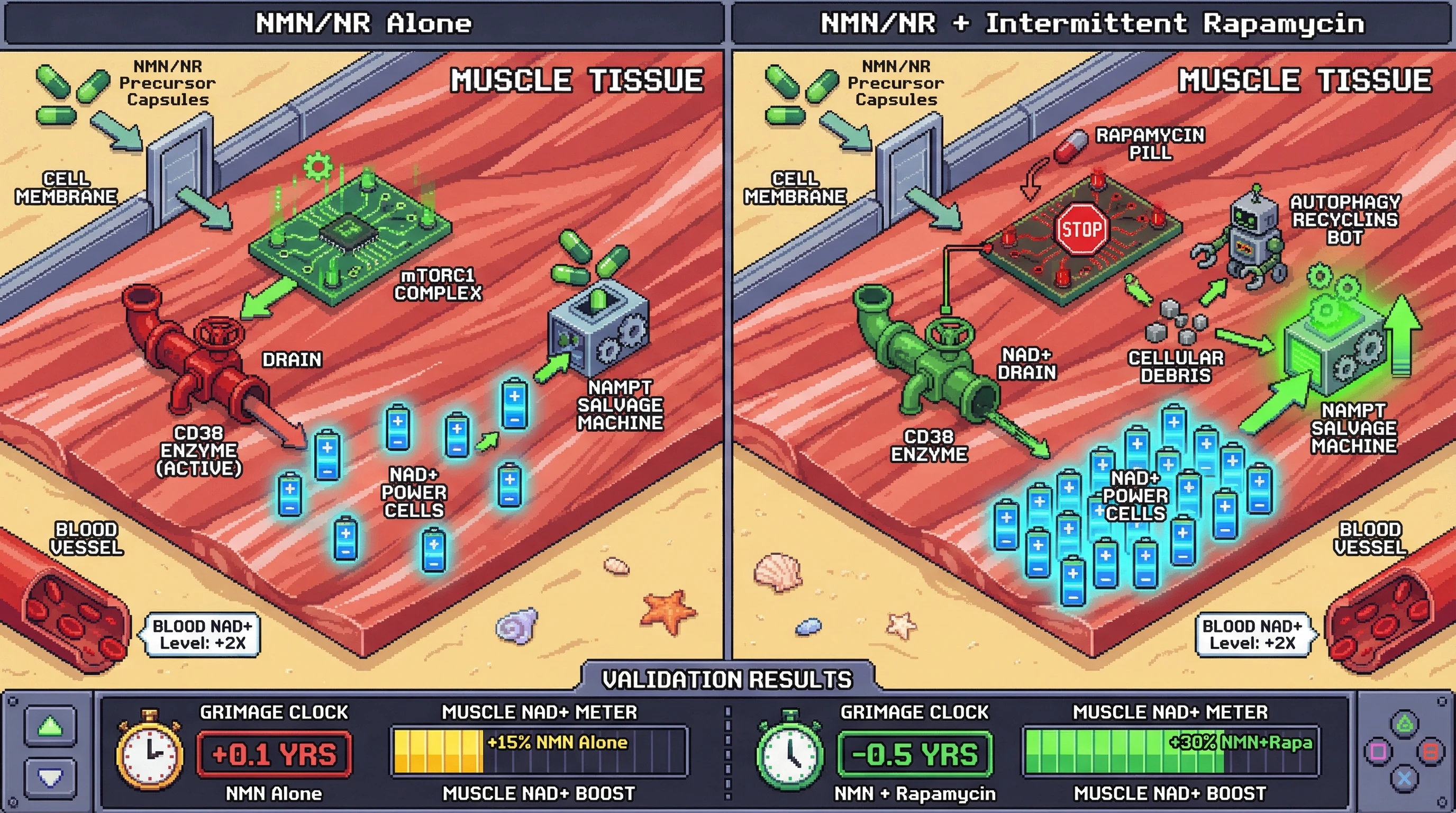 Infographic for: Intermittent Rapamycin Enhances Tissue-Specific NAD+ Salvage from NMN/NR, Accelerating GrimAge Reversal in Quarterly Self-Monitoring