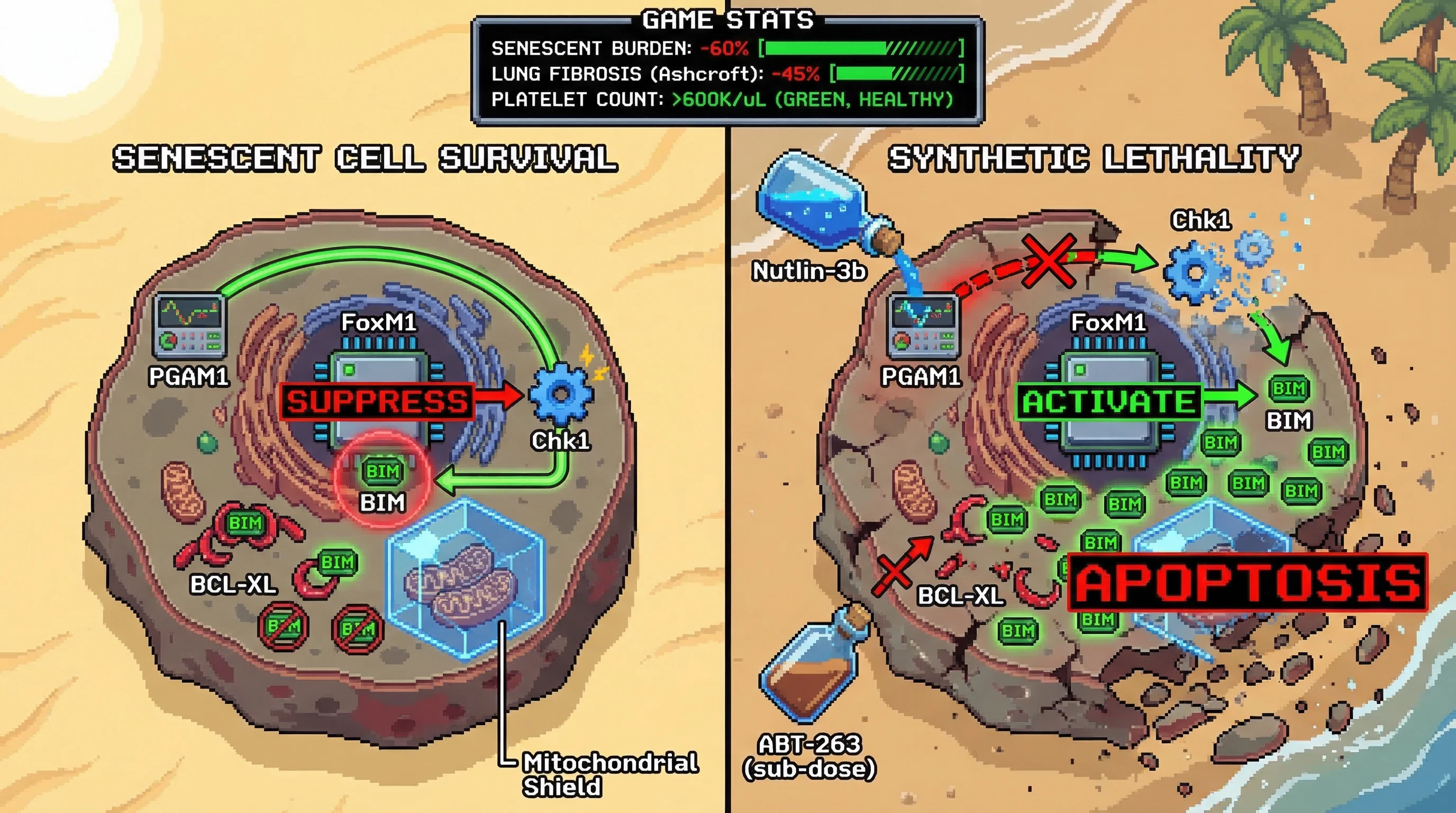 Infographic for: Nutlin-3b (PGAM-Chk1 disruptor) combined with sub-therapeutic ABT-263 creates a BIM-convergent synthetic lethality in...
