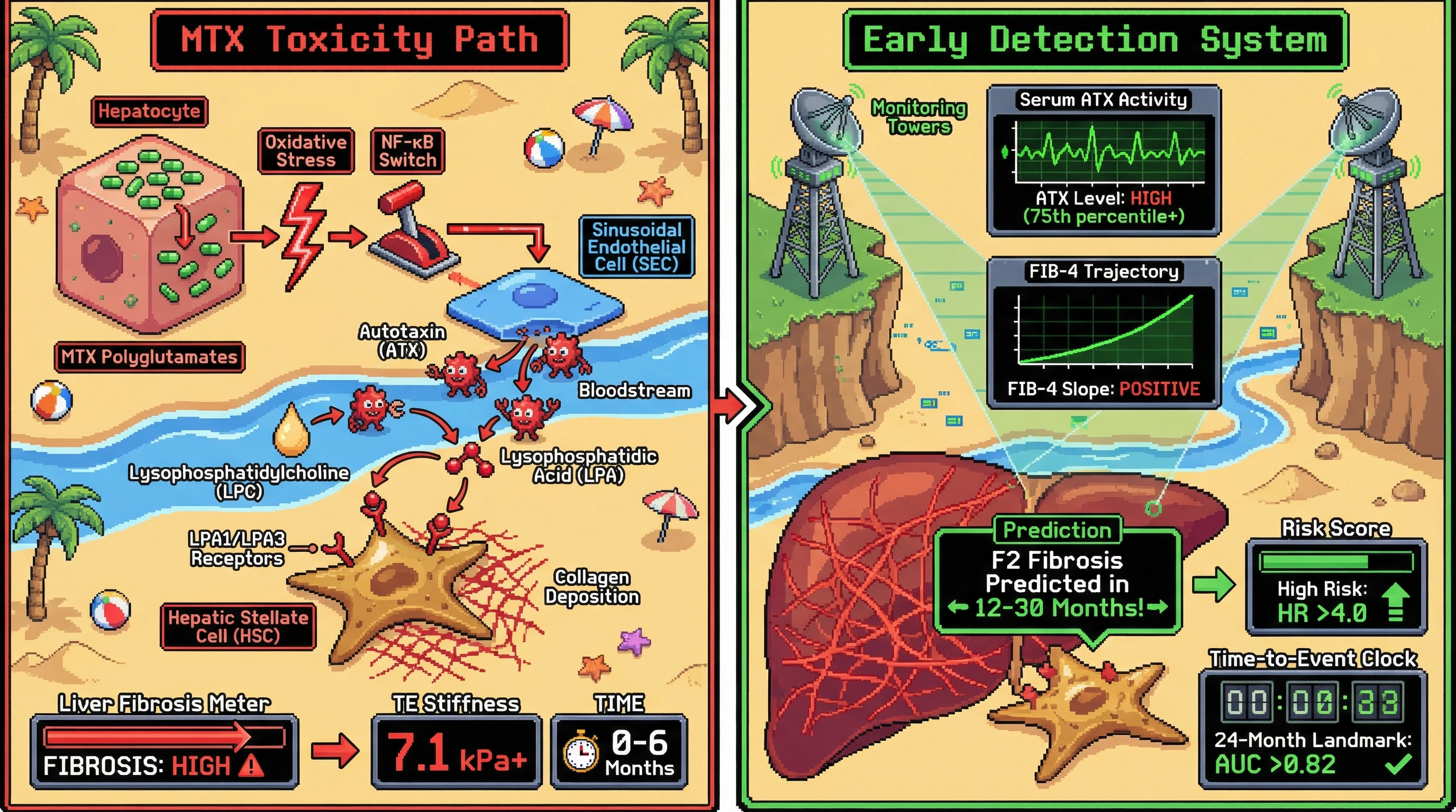 Infographic for: Serum Autotaxin (ATX) Activity Kinetics Combined With Hepatic Fibrosis-4 (FIB-4) Trajectory Slope Predict Methotrexate-Induced Liver Fibrosis in Rheumatoid Arthritis 12–30 Months Before Transient Elastography Confirmation