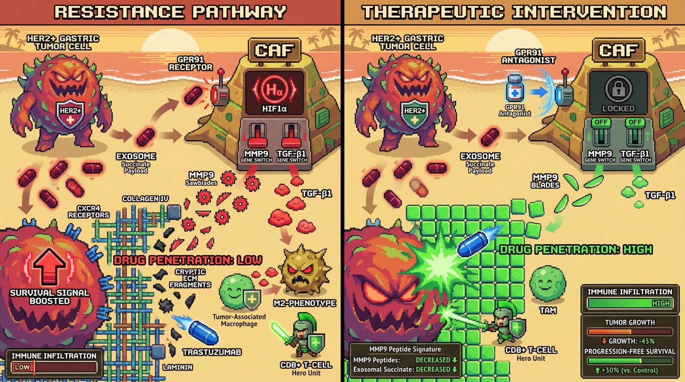 Infographic for: Exosomal succinate drives fibroblast MMP9 activation to mediate immune evasion and resistance in HER2+ gastric cancer