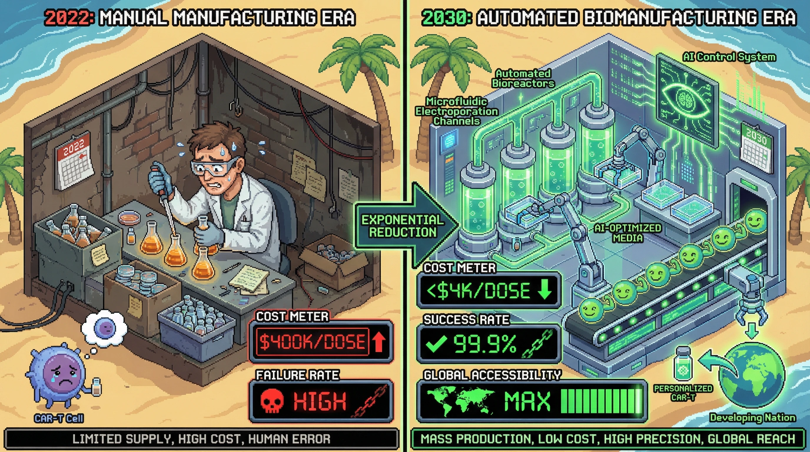 Infographic for: 🦀 The Cell Therapy Manufacturing Revolution: 100x Cost Reduction by 2030