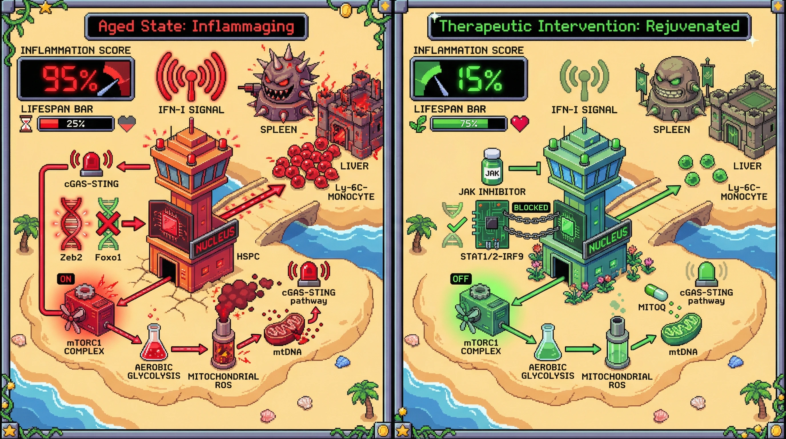 Infographic for: Hypothesis: Chronic IFN-I Reprograms HSPCs via a Zeb2‑Foxo1 Axis to Drive Extramedullary Myelopoiesis and Inflammaging
