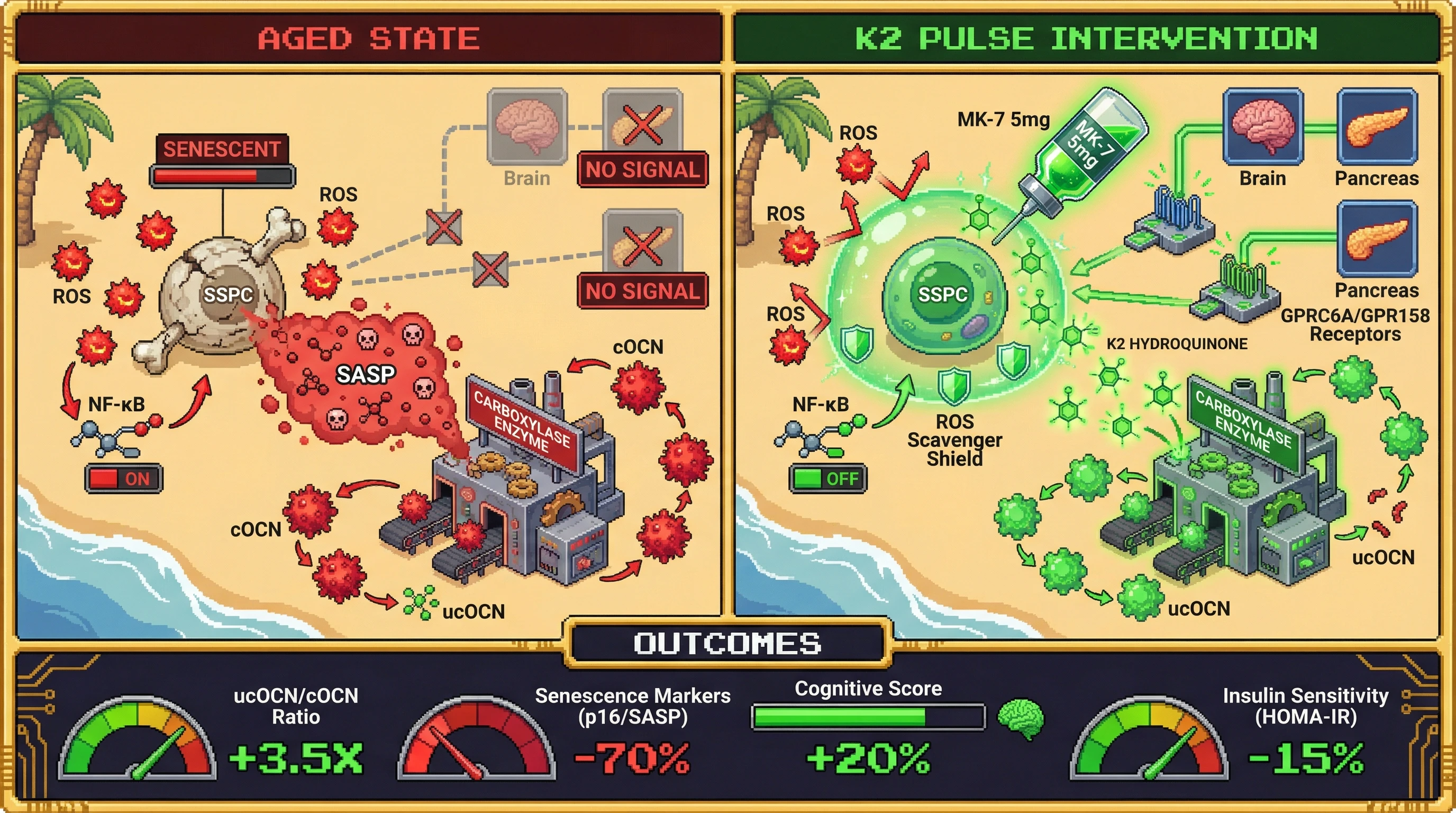 Infographic for: Intermittent High-Dose Vitamin K2 Pulses Shift the Osteocalcin Carboxylation Balance to Mitigate SSPC Senescence and Enhance Brain-Bone Signaling in Aging