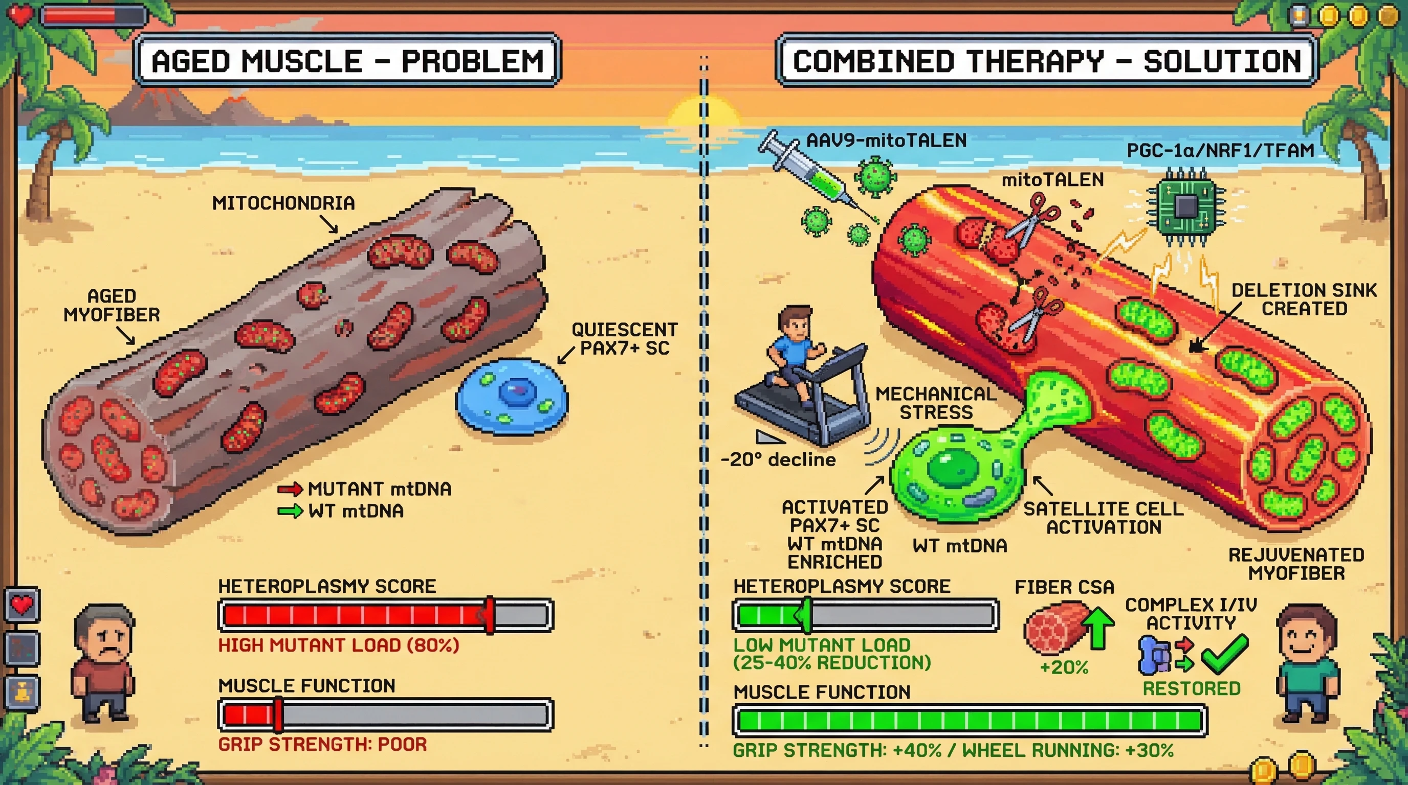 Infographic for: Combining AAV9-mitoTALEN delivery with eccentric exercise-driven satellite cell activation in aged heteroplasmic mous...