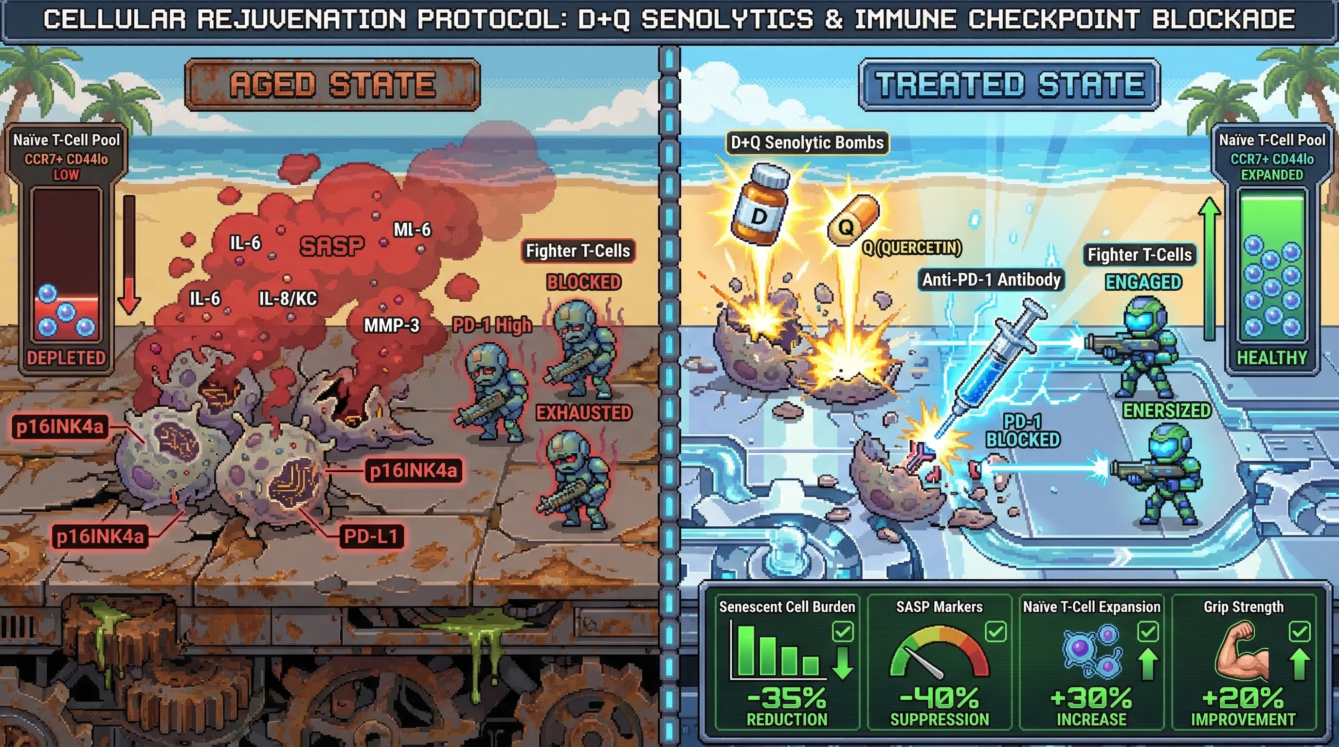 Infographic for: Sequential senolytic priming followed by anti-PD-1 checkpoint blockade in aged mice exploits the post-senolytic immun...