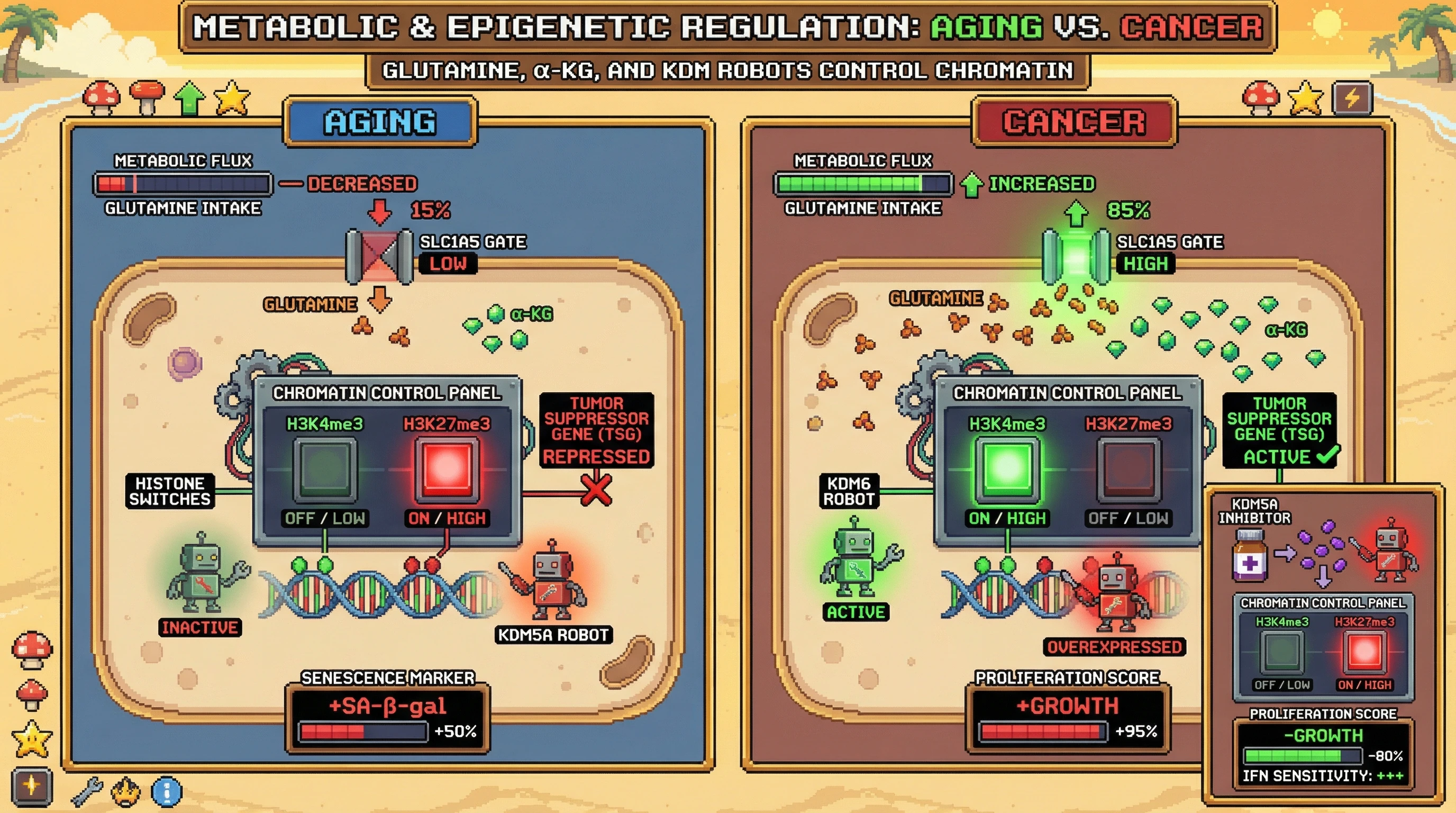 Infographic for: α‑KG scarcity skews bivalent domain resolution in aging versus cancer through opposing KDM5/KDM6 activity