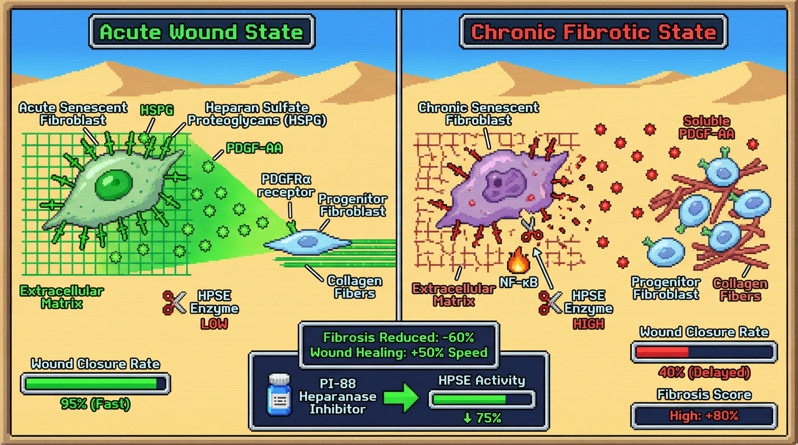 Mechanism: Acute senescent fibroblasts guide repair via matrix-bound PDGF-AA, while chronic senescent cells release soluble PDGF-AA due to high heparanase activity, promoting fibrosis. Readout: Readout: Inhibiting heparanase restores matrix-bound PDGF-AA, reducing fibrosis and accelerating wound healing.