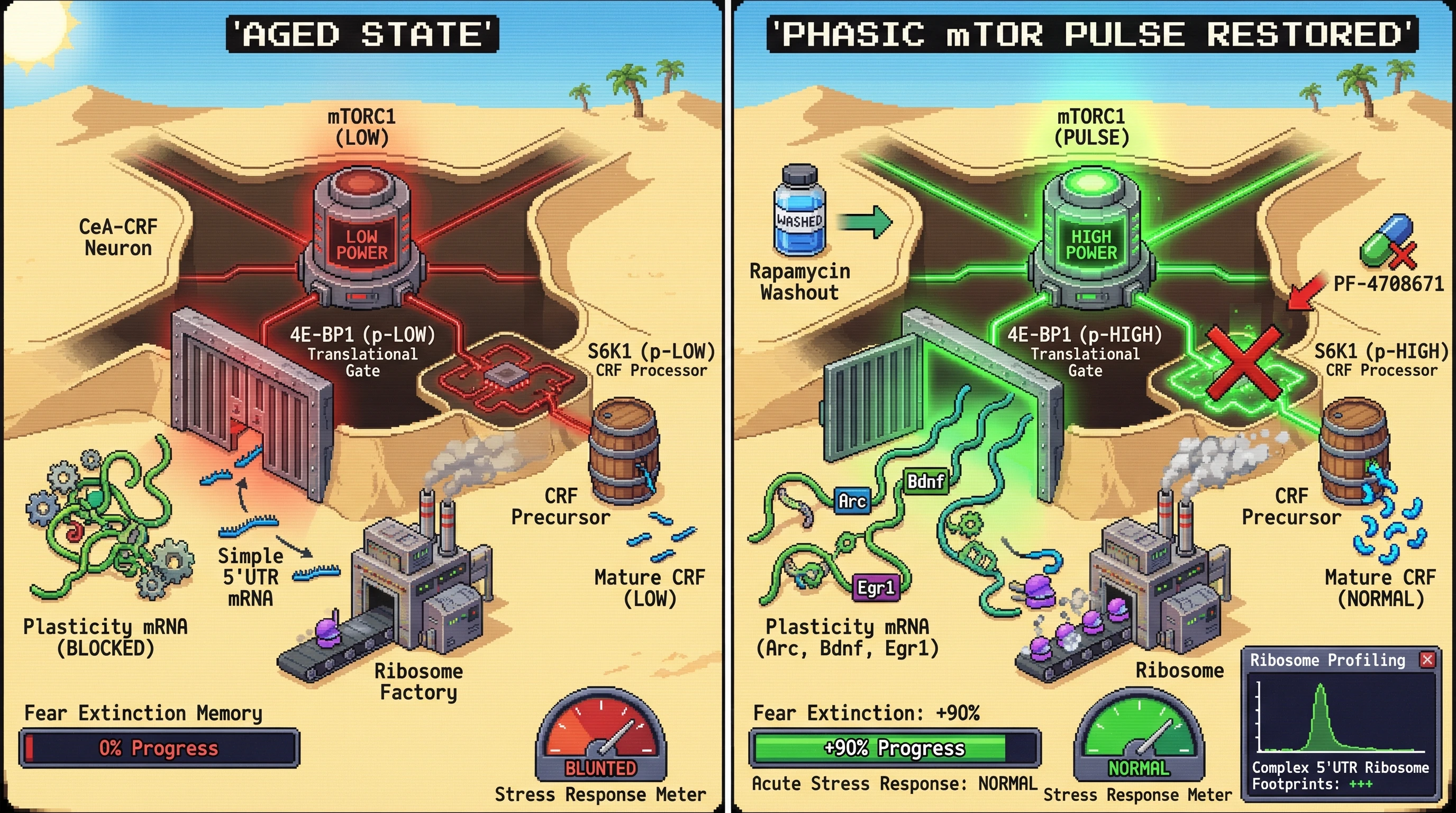 Infographic for: Phasic mTOR Reactivation in CeA‑CRF Neurons Restores Fear Extinction by Balancing Translation of Plasticity and Stress‑Response Proteins