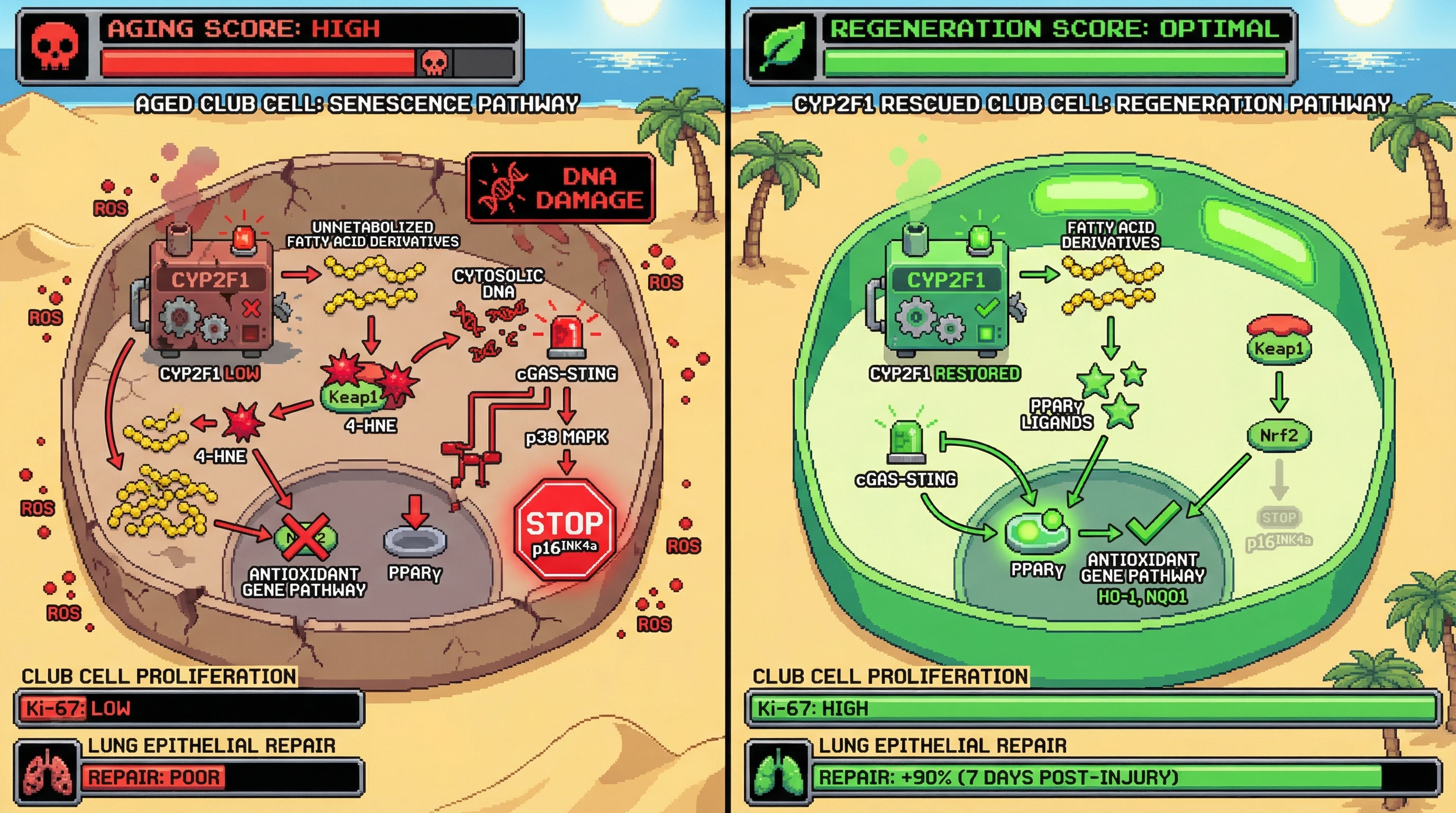 Infographic for: Restoring CYP2F1 in airway club cells reverses p16‑mediated senescence and rescues regenerative capacity in aged lungs